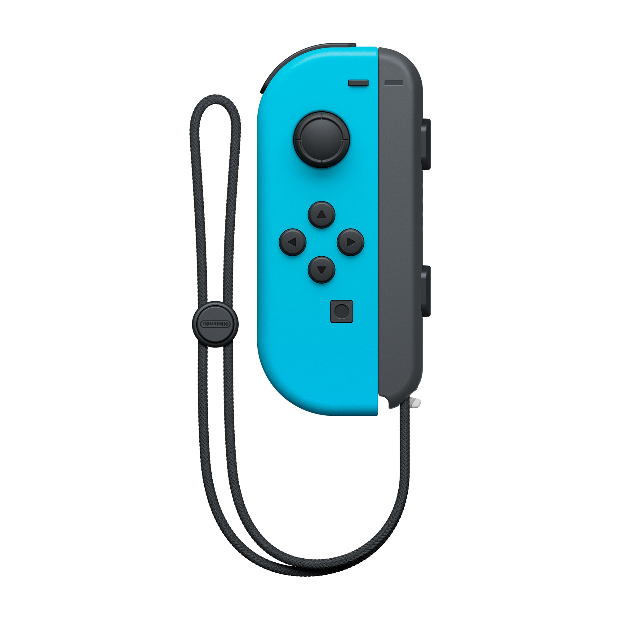 Niebieski kontroler Nintendo Switch Joy-Con z czarną smyczą.