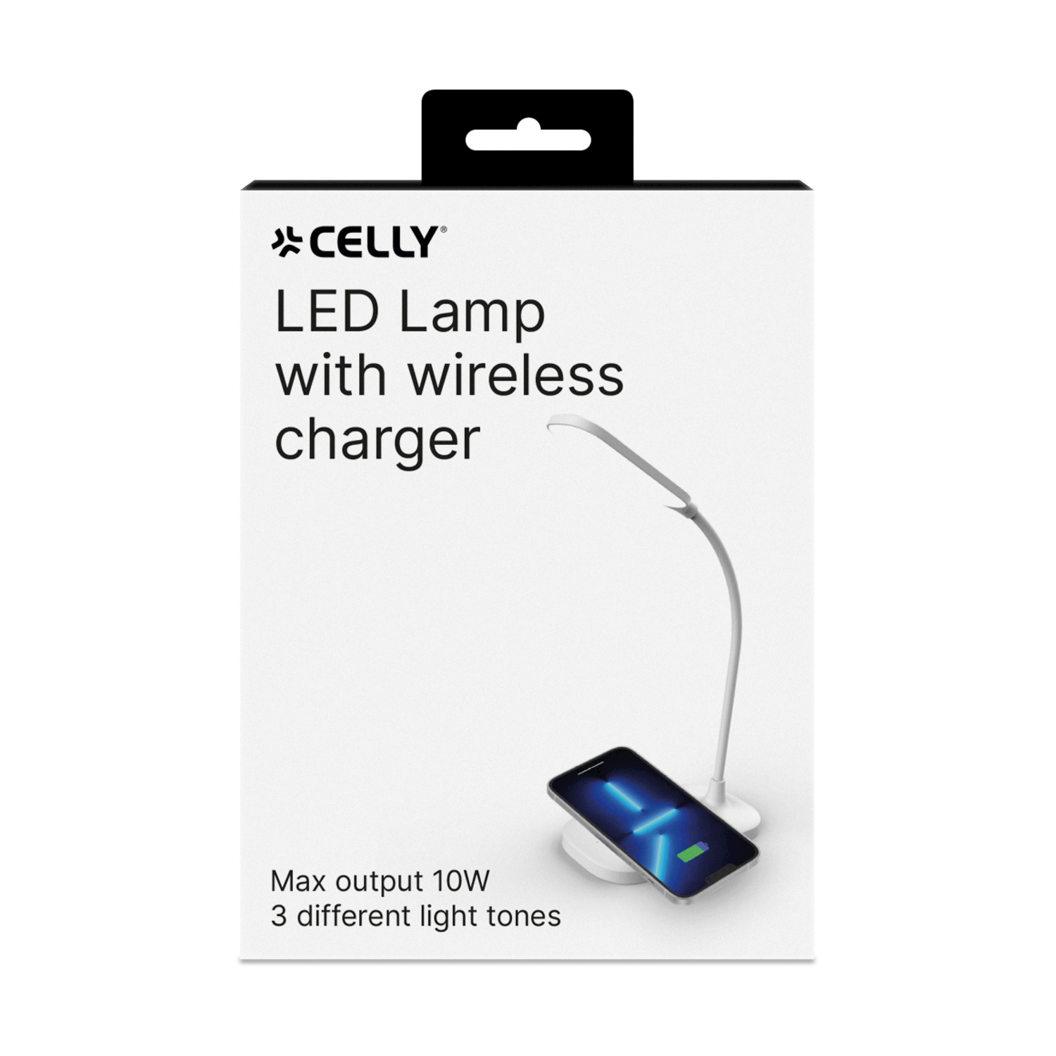 Lampada LED bianca con caricatore wireless e telefono sulla confezione.