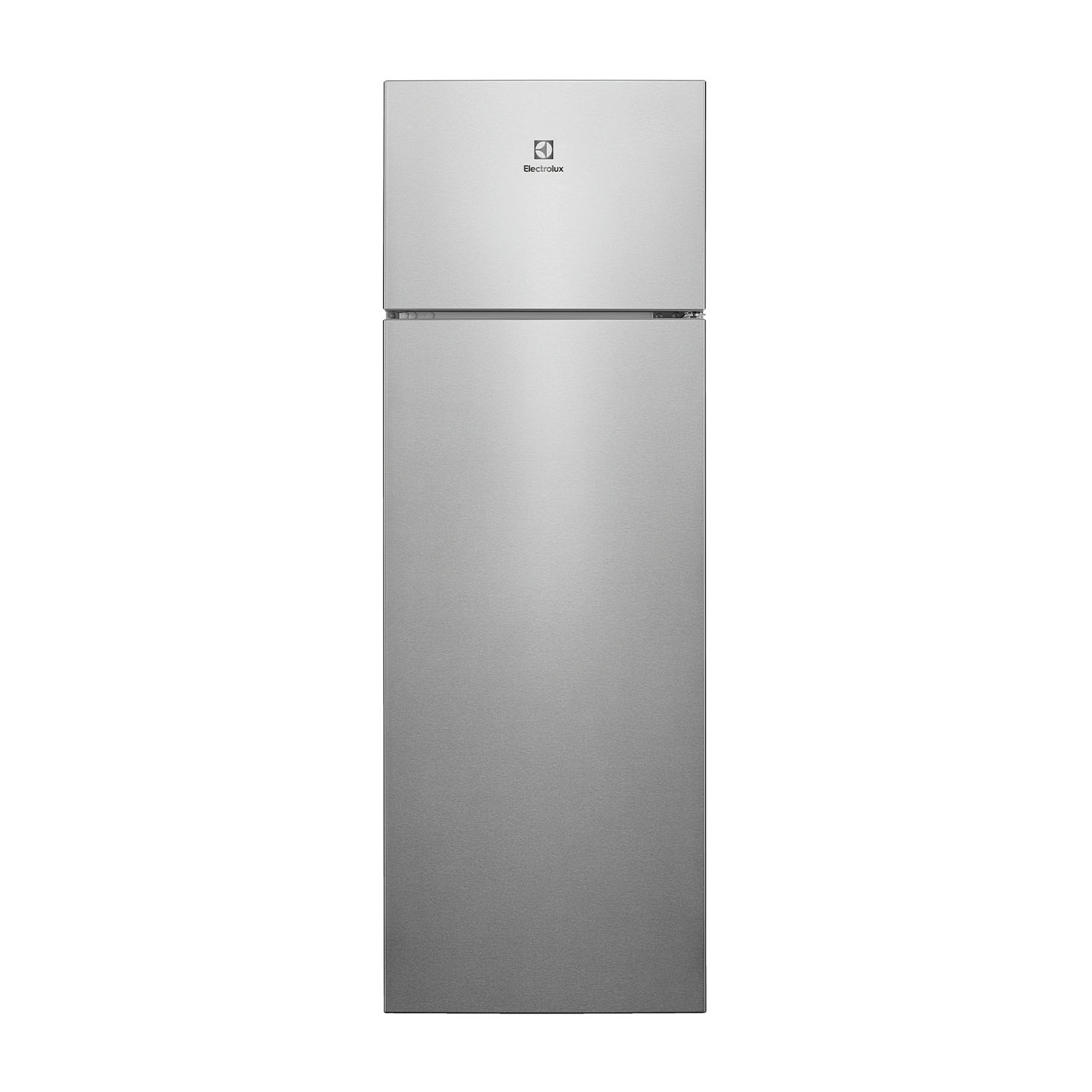 Refrigerador plateado con congelador arriba y logo de Electrolux.