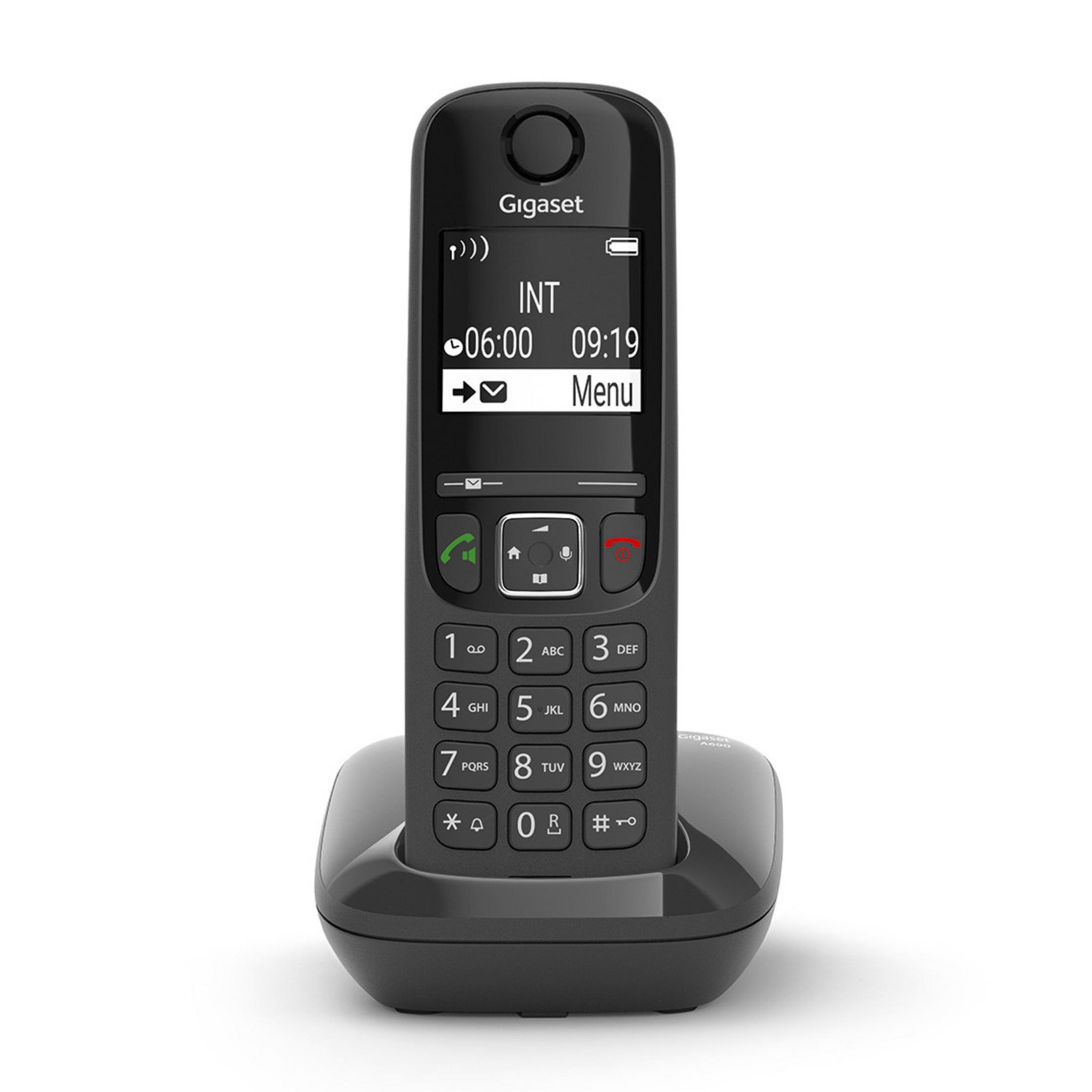 Un telefono cordless Gigaset nero poggia sulla sua base di ricarica.