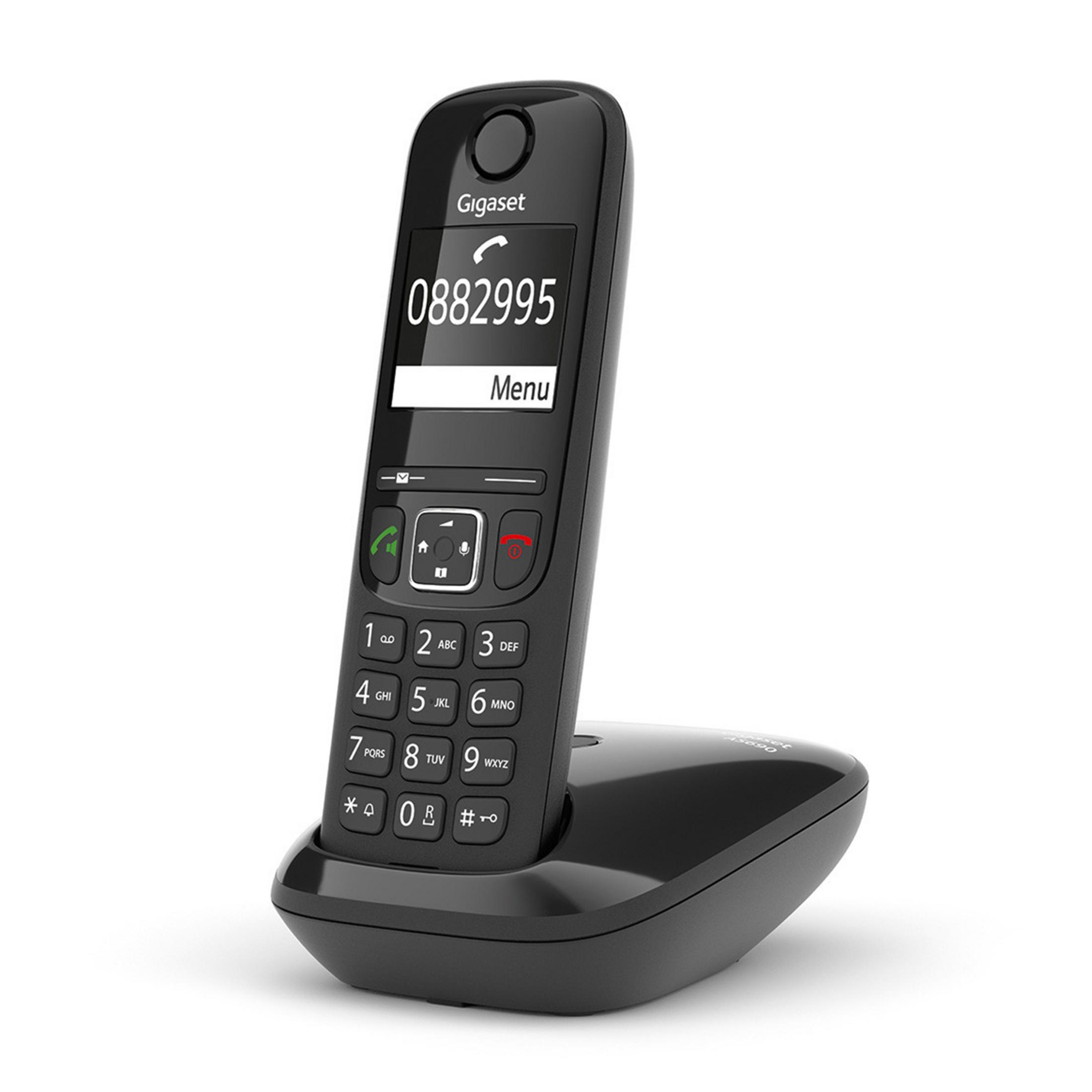 Telefono cordless Gigaset nero su base di ricarica, schermo mostra il numero 0882995.