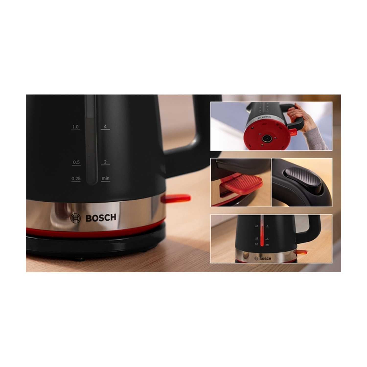 Czajnik elektryczny czarny ze stalowymi i czerwonymi detalami, logo Bosch.