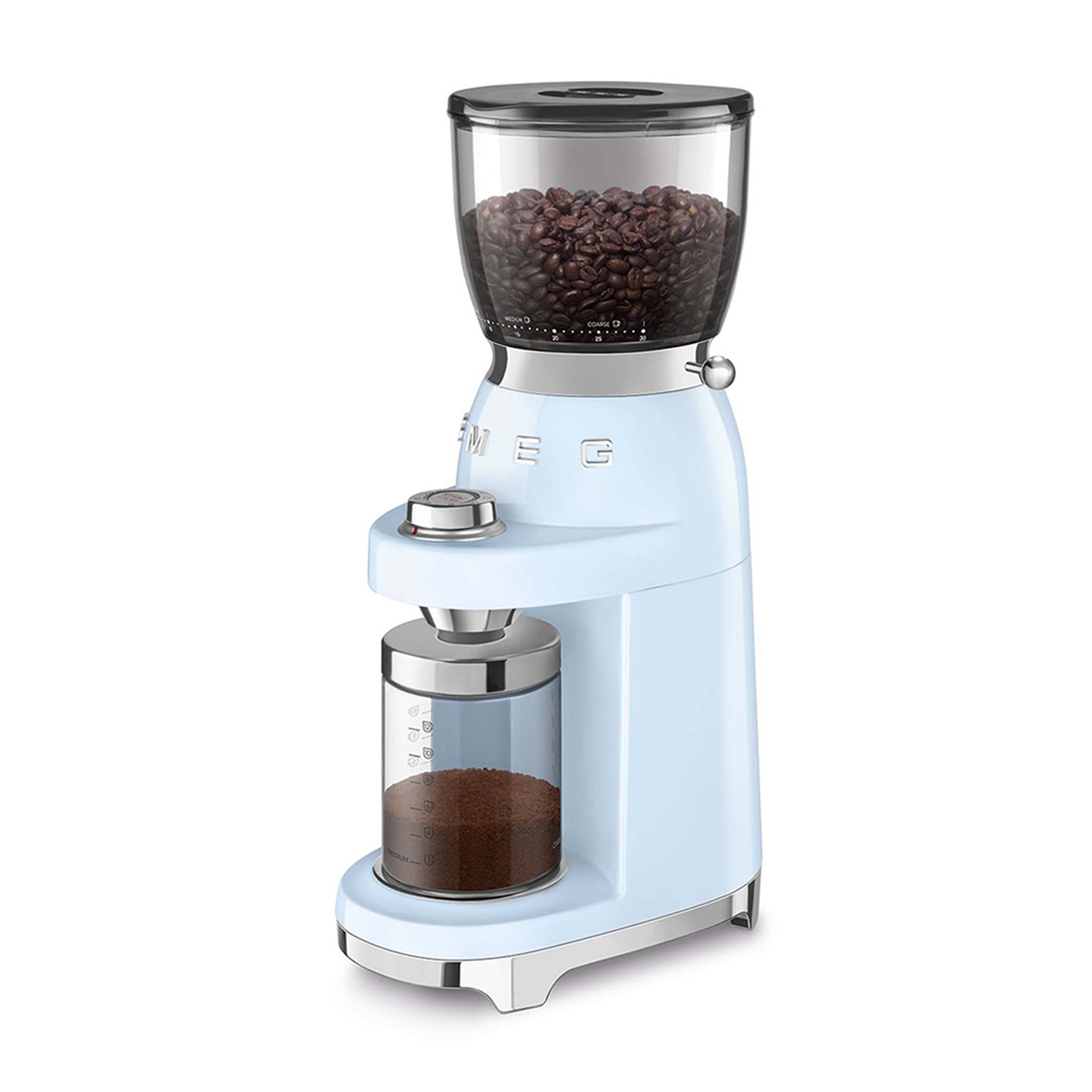 A light blue metal coffee grinder with beans on top and grounds below.