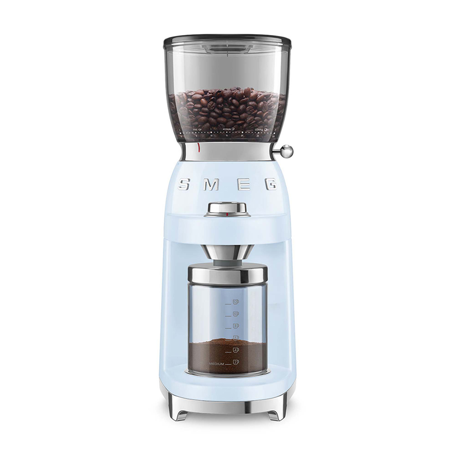 A light blue coffee grinder with coffee beans on top and ground coffee below.
