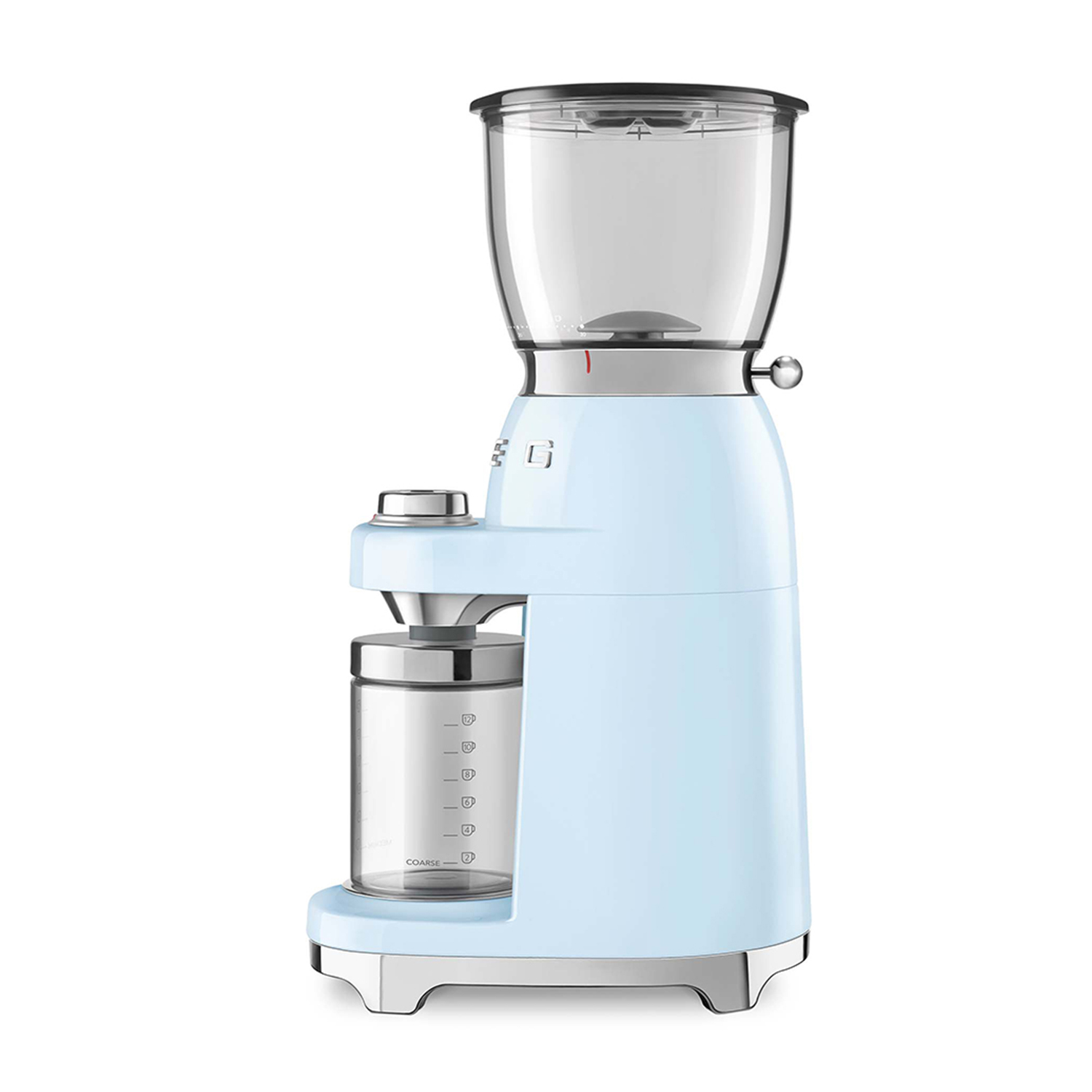 Light blue coffee grinder with silver accents and a transparent container.