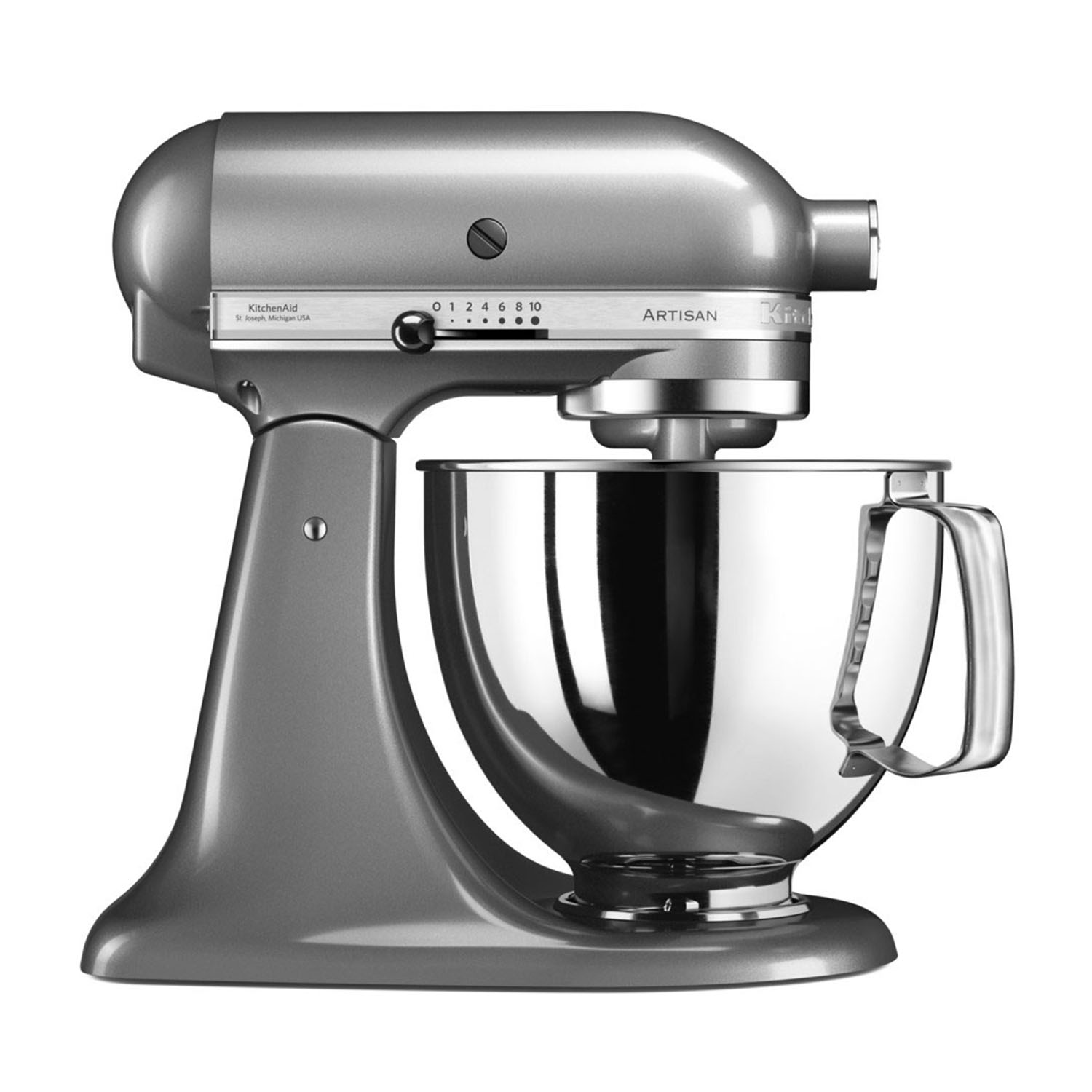 Impastatrice KitchenAid Artisan grigia con ciotola in acciaio inox, su sfondo bianco.