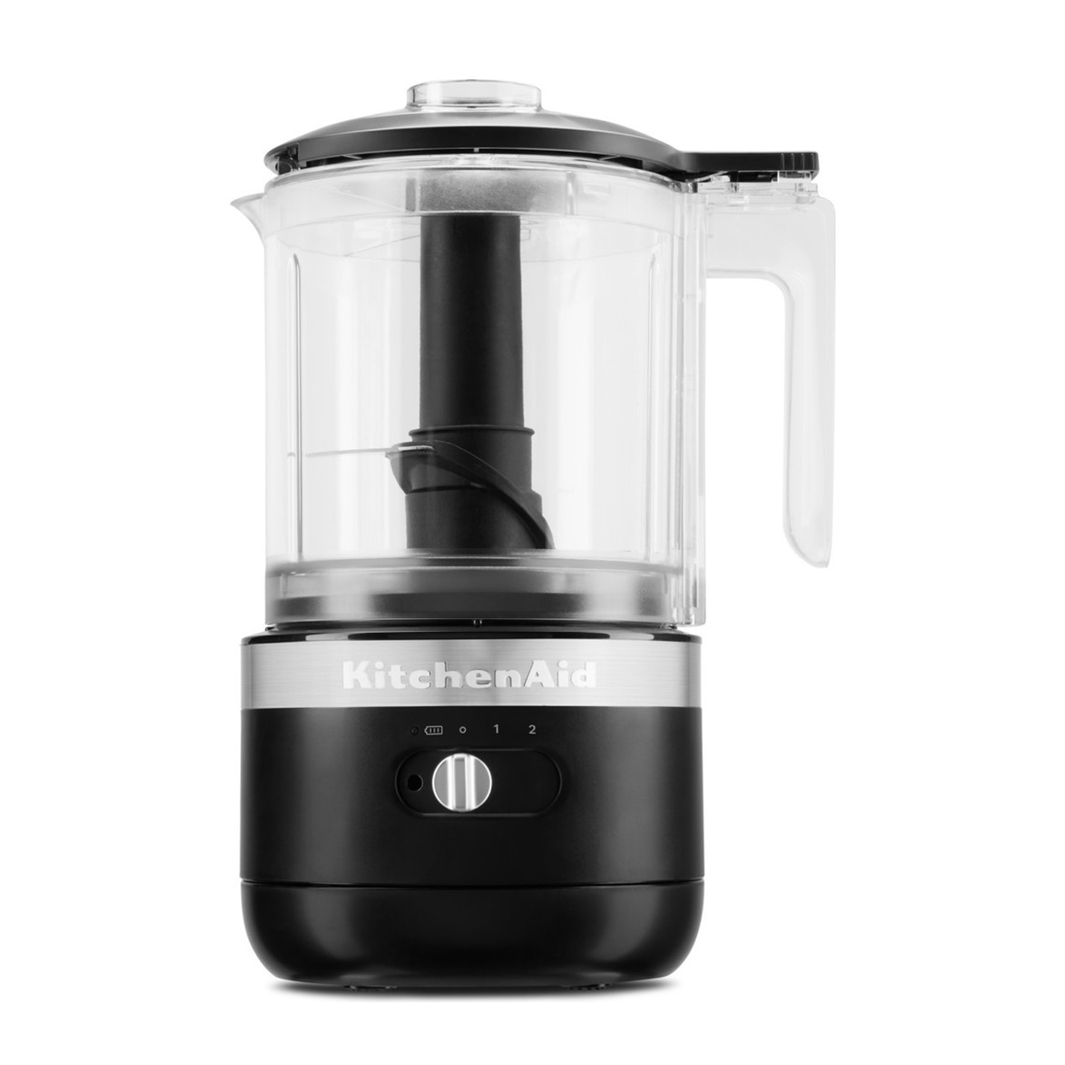 Schwarzer KitchenAid Mini-Zerkleinerer mit transparentem Behälter und silbernem Streifen.