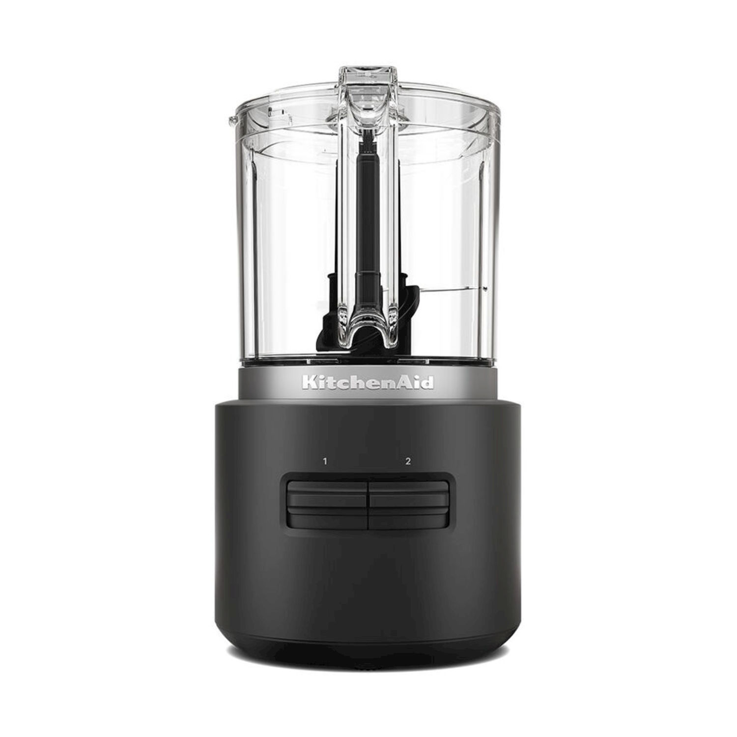 Ein schwarzer KitchenAid Mini-Zerkleinerer mit durchsichtigem Deckel und zwei Geschwindigkeitsstufen.