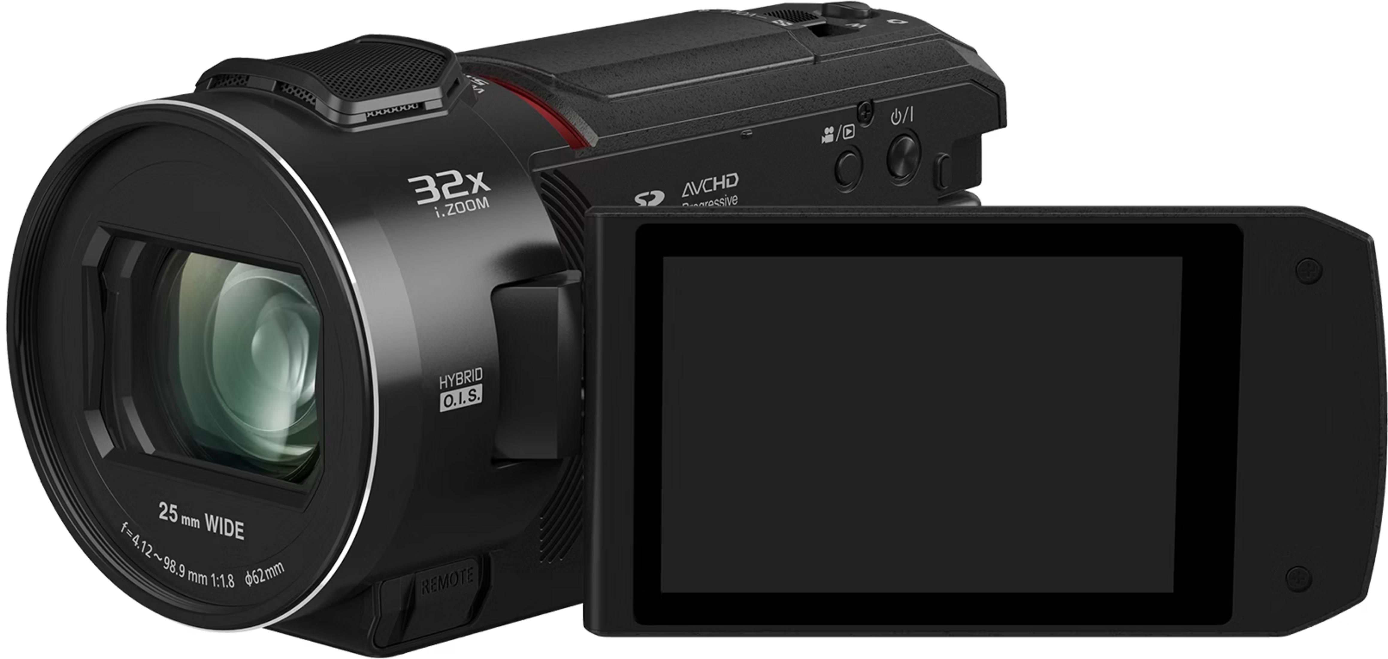 Schwarzer Camcorder mit 32-fach Zoomobjektiv und aufgeklapptem Bildschirm.
