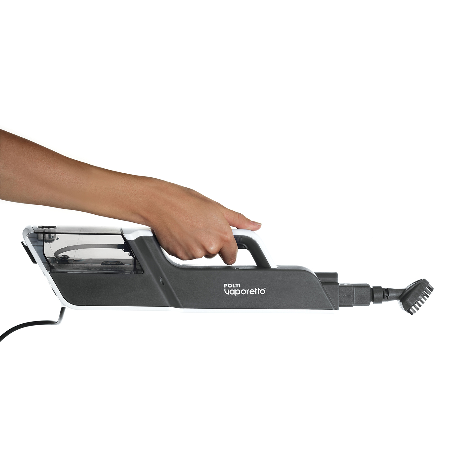 Dłoń trzyma biało-szary czyścik parowy Polti Vaporetto z nasadką szczotkową.