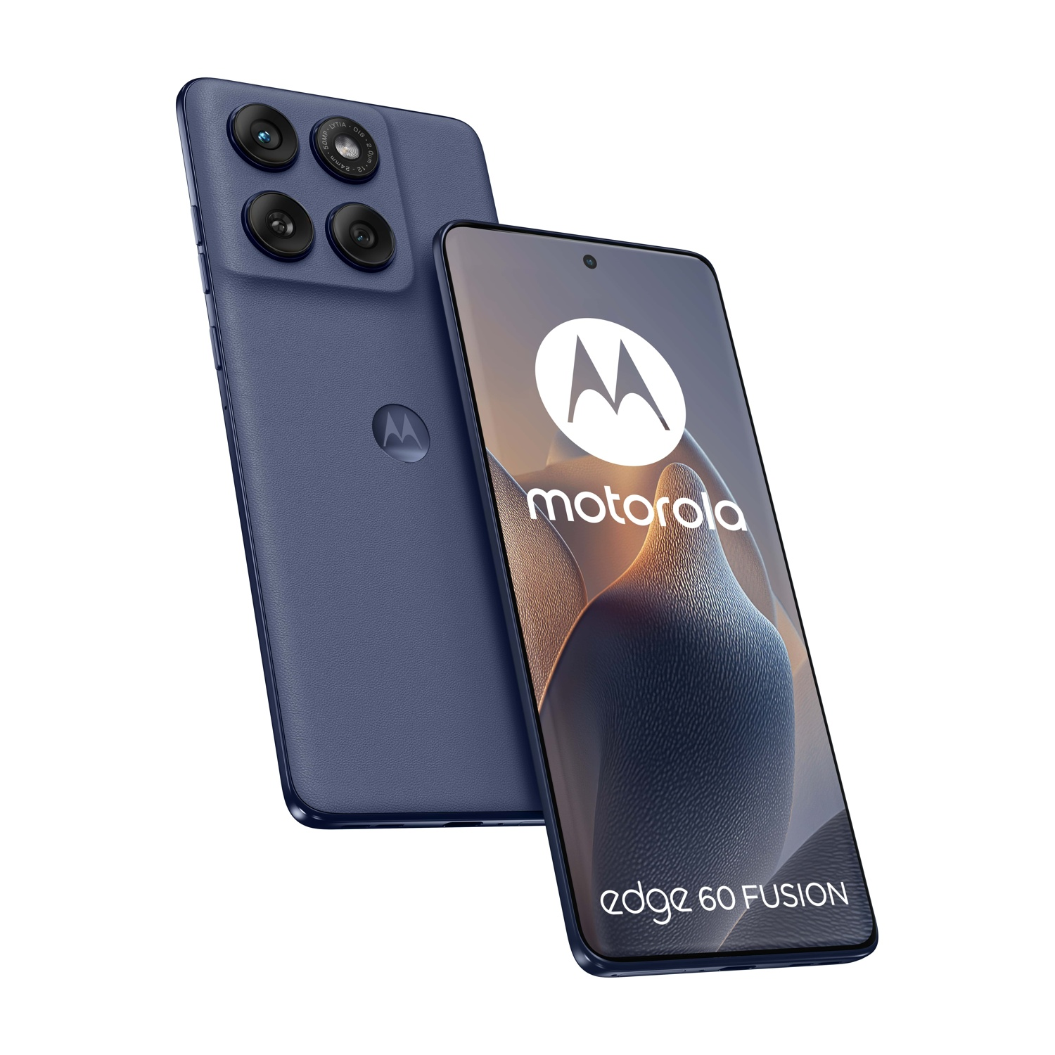 Telefono Motorola blu con quad camera e testo edge 60 FUSION sullo schermo.
