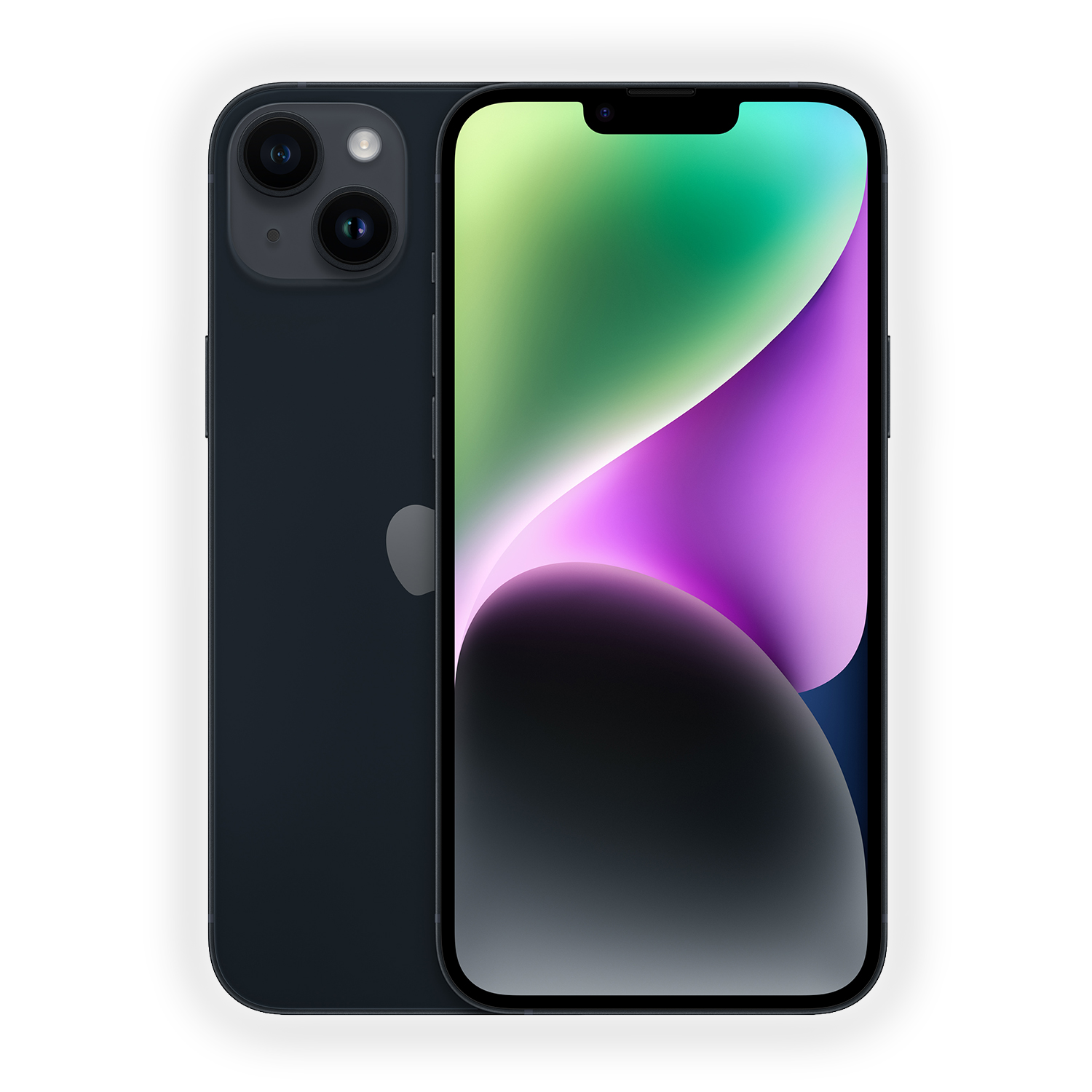 Ciemnoniebieski iPhone z dwoma tylnymi aparatami i kolorowym ekranem.