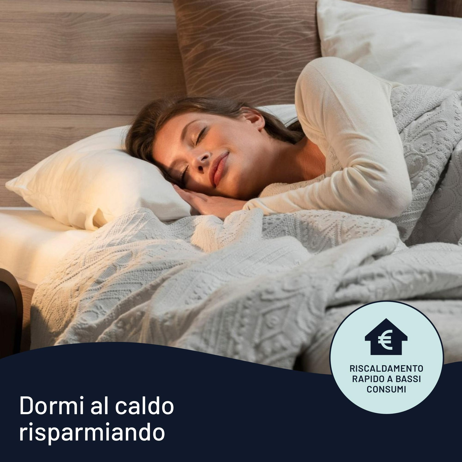 Donna dorme a letto sotto coperta, con icona casa simbolo euro.