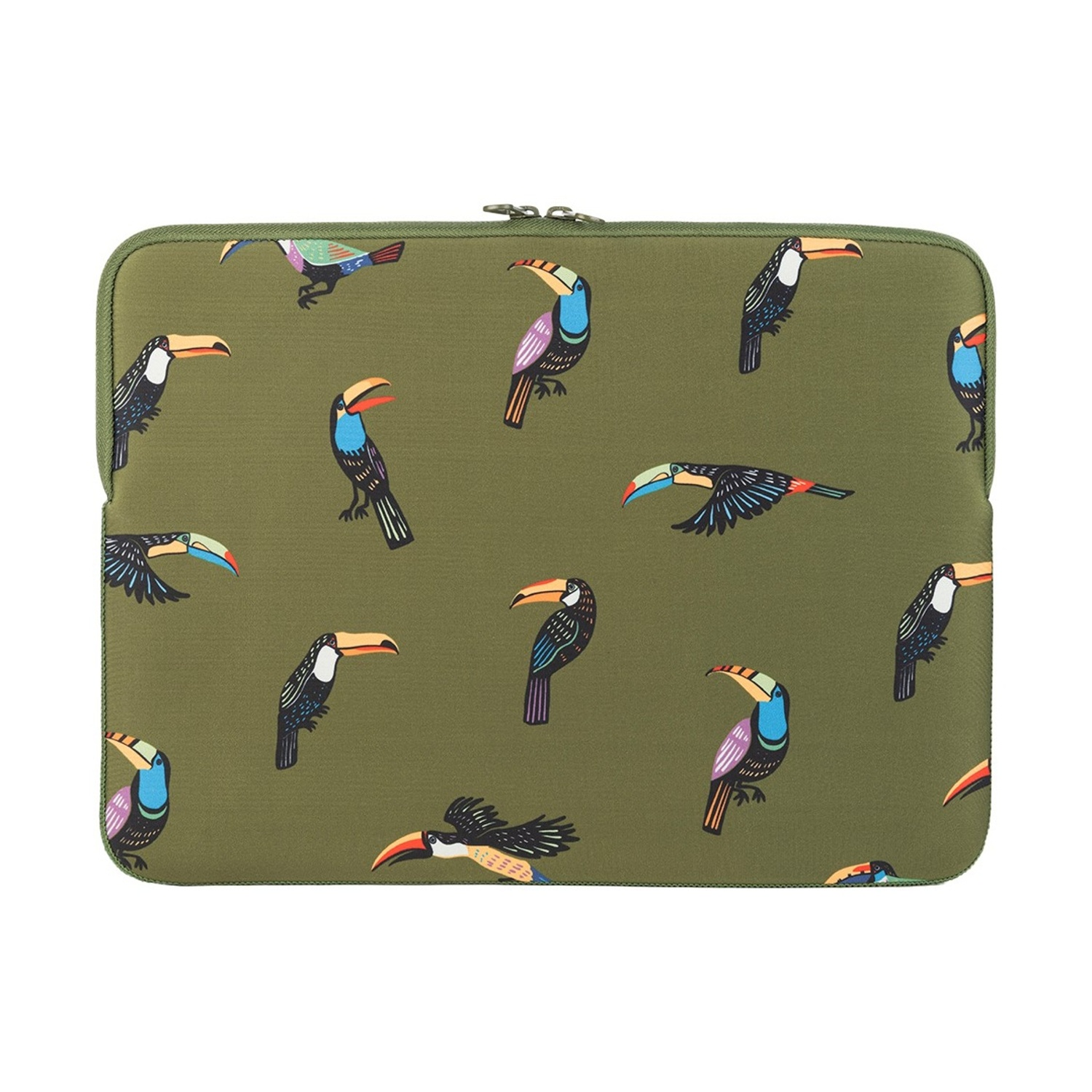 Grüne Laptoptasche mit einem Muster aus bunten Tukanen.
