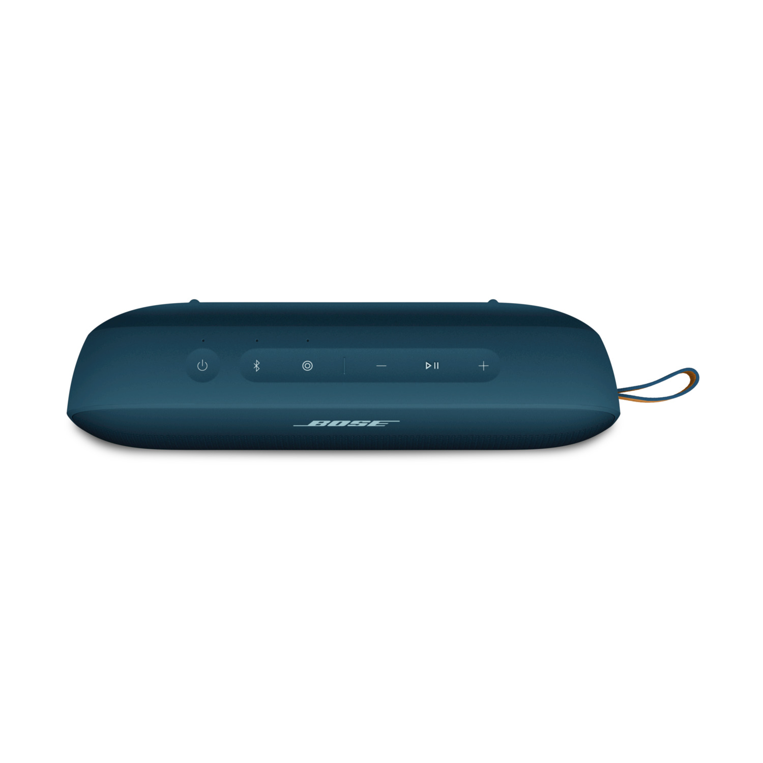 Ein blauer Bose Bluetooth-Lautsprecher mit Bedienelementen und einer Schlaufe.