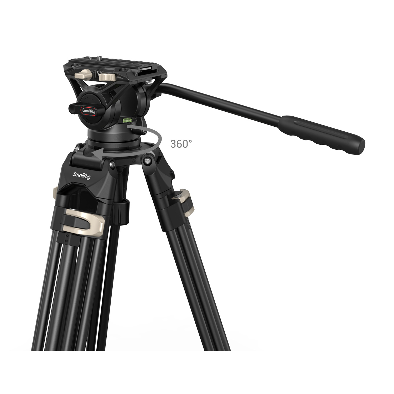 Ein schwarzes Stativ mit einem Schwenkarm und einem 360°-Symbol.