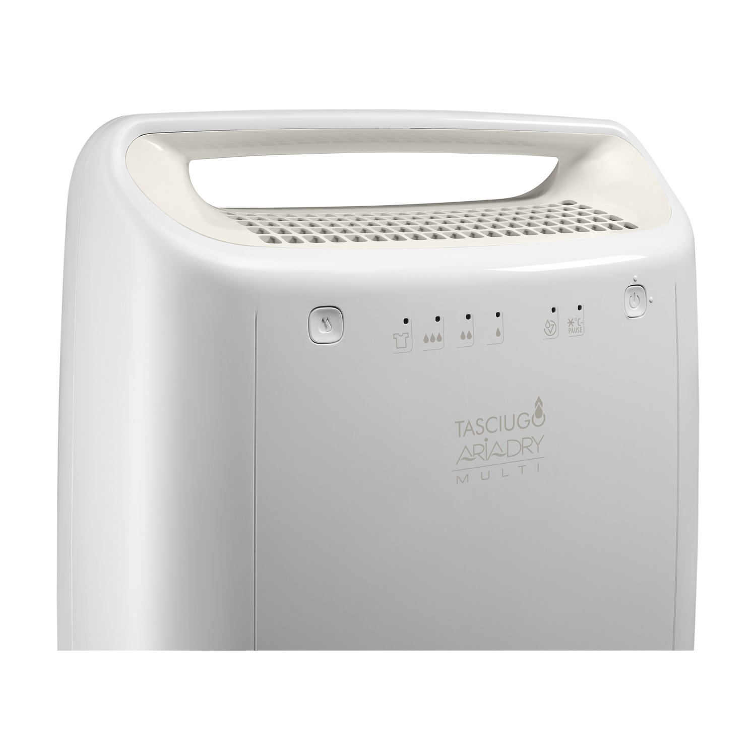 Biały osuszacz powietrza z uchwytem i przyciskami sterującymi. TASCIUGO ARIADRY MULTI.