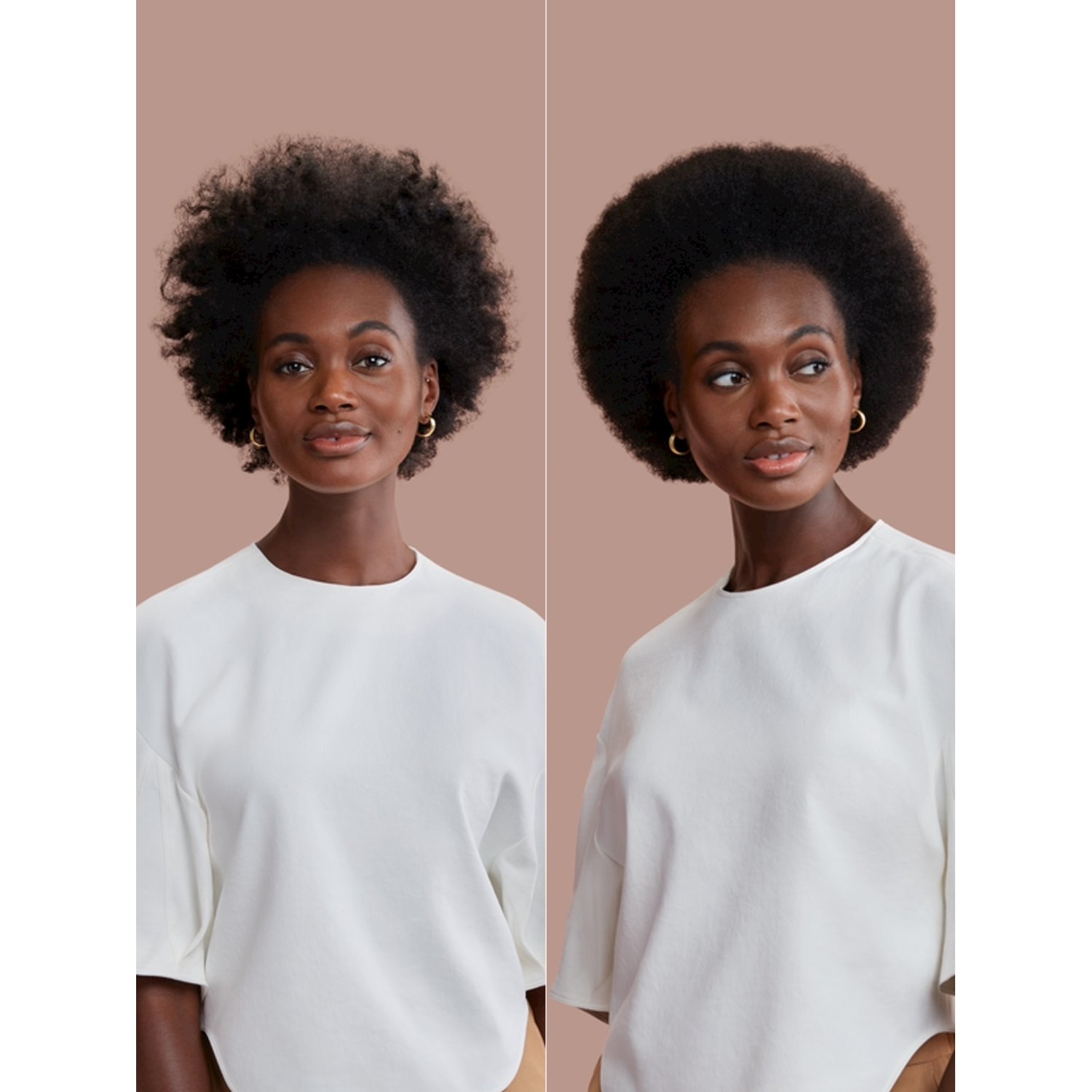Zwei Ansichten einer Frau mit Afro-Frisur und weißem Oberteil vor braunem Hintergrund.