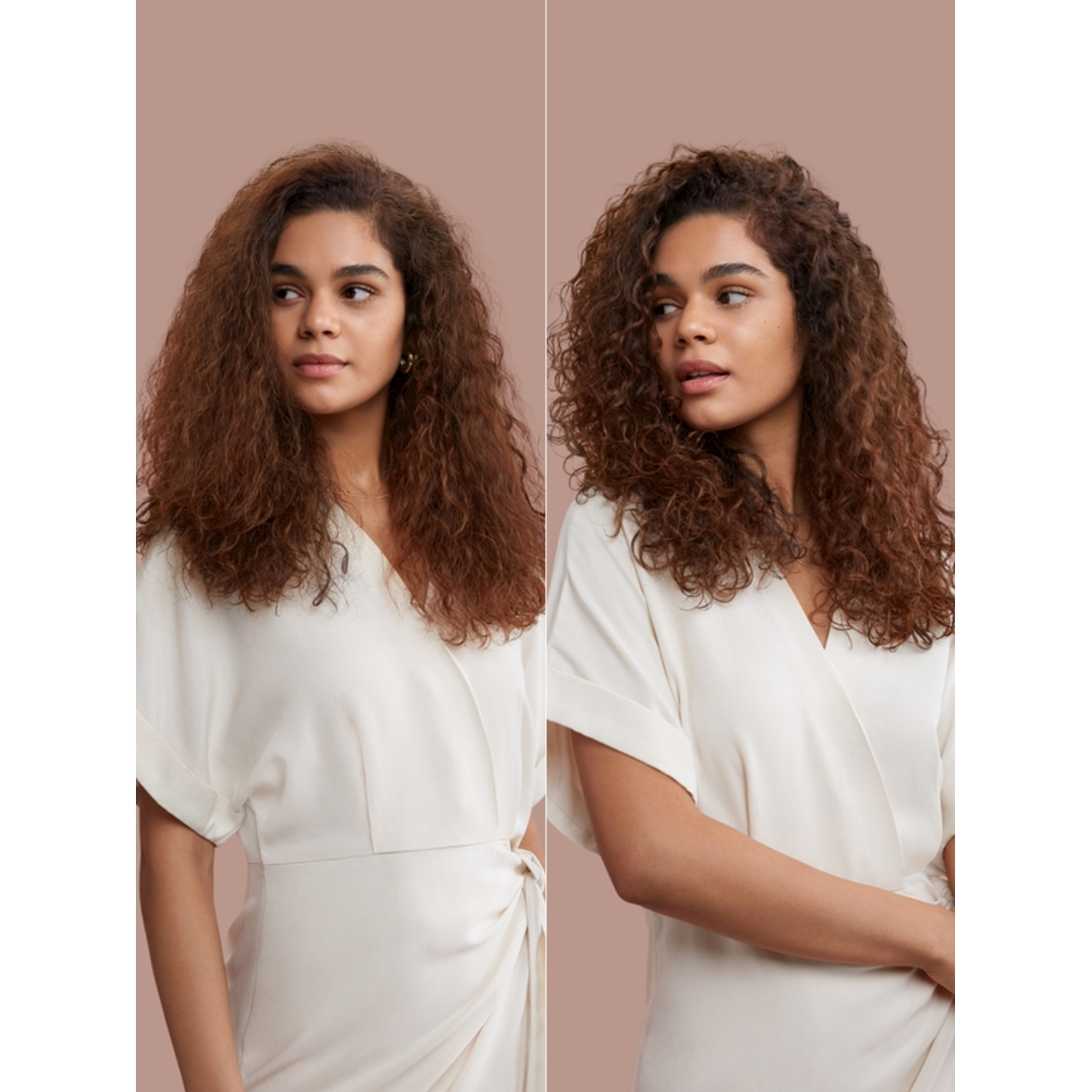 Vorher/Nachher-Vergleich einer Frau mit braunen Locken, die ein weißes Wickelkleid trägt.