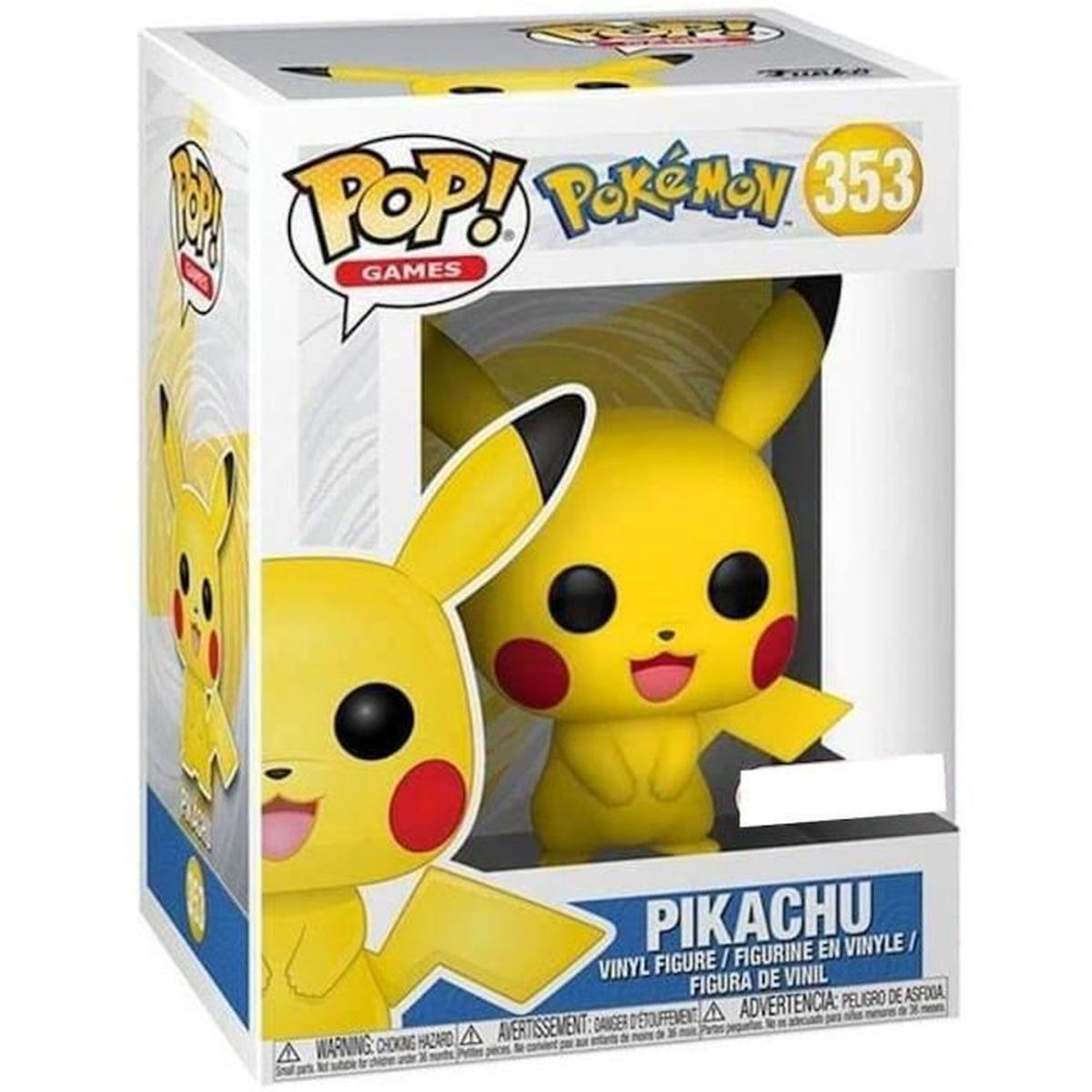 Figura Funko Pop! di Pikachu dei Pokémon in una scatola con etichette di avvertenza.