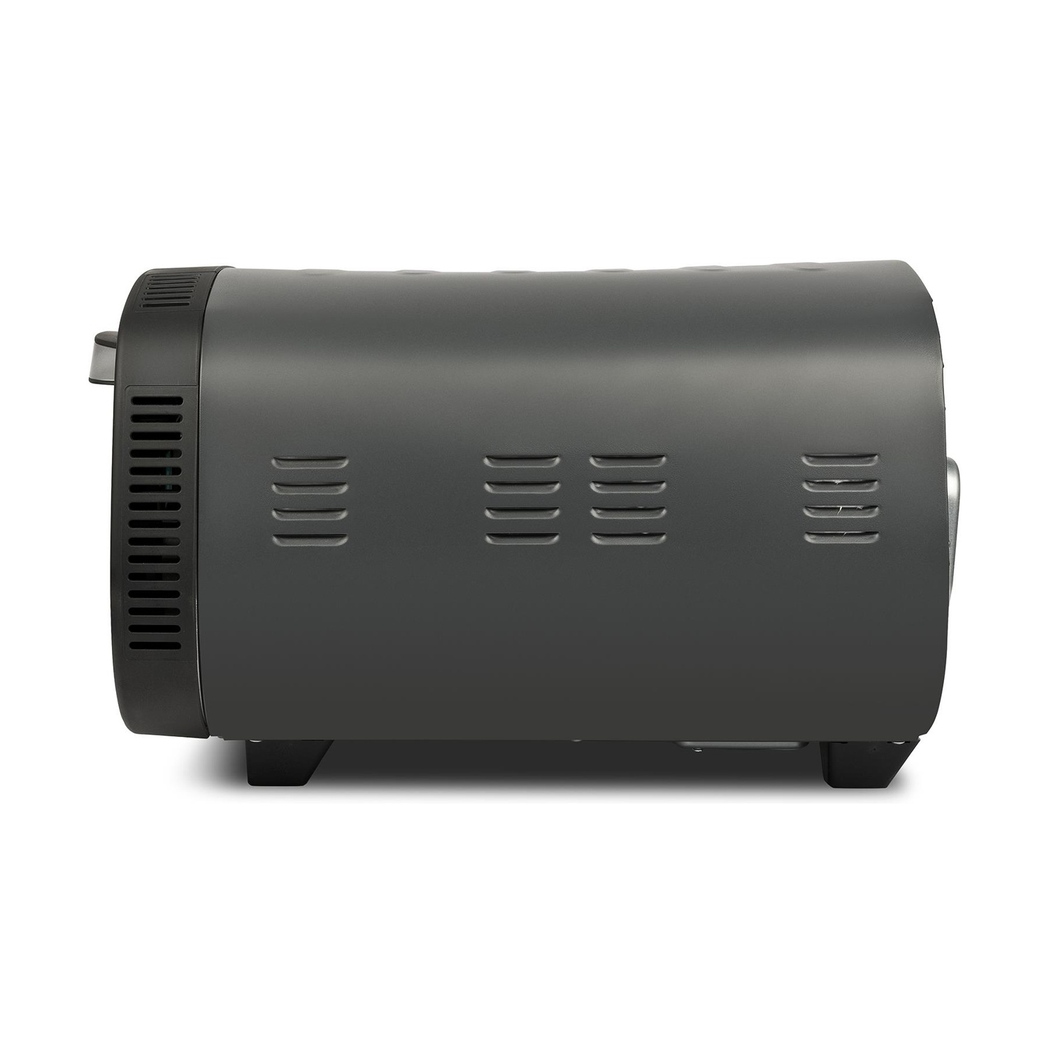 Tostapane grigio con fessure di ventilazione su sfondo bianco.