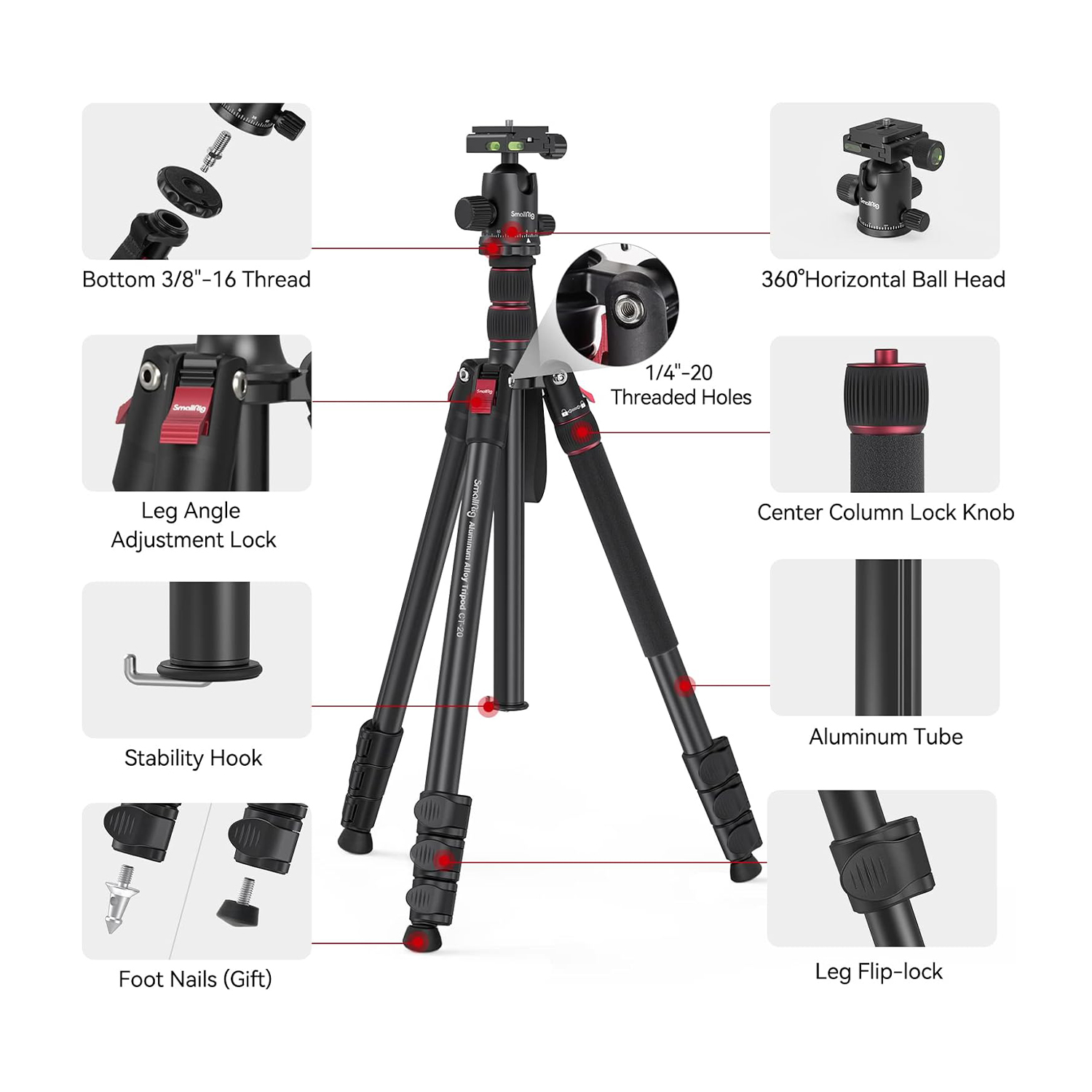 A black tripod with close-ups detailing its threads, locks, and feet.