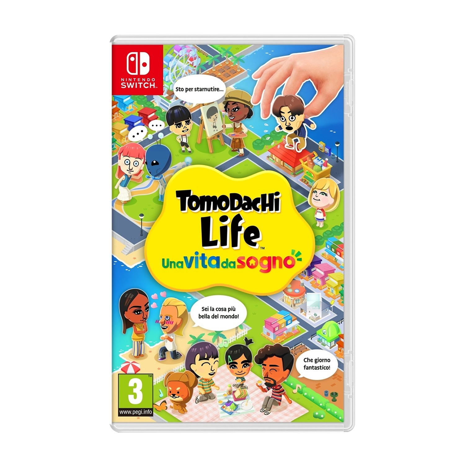 Etui na grę Nintendo Switch Tomodachi Life z kolorowymi postaciami i scenami miejskimi.