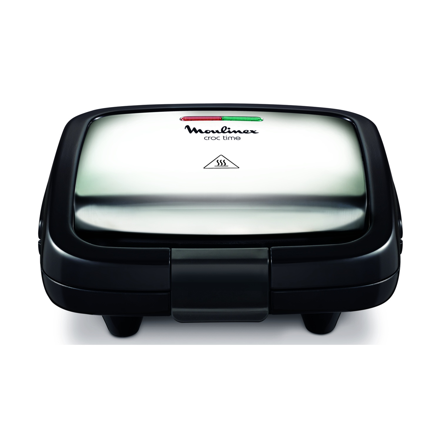 Gümüş üst ve gösterge ışıklı siyah bir Moulinex Croc Time tost makinesi.