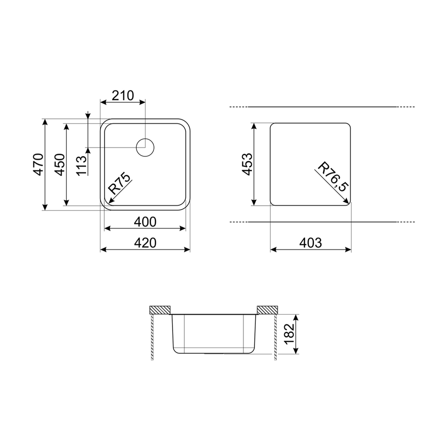 Dibujo técnico de un fregadero rectangular con dimensiones.