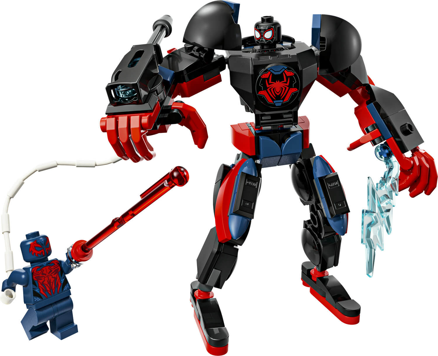 Un gran mecha Lego negro y rojo con un pequeño Lego Spider-Man y un bastón rojo.