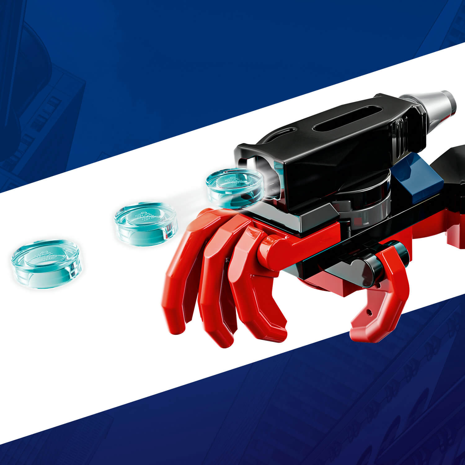Una garra roja de Lego con tres discos azules transparentes delante.