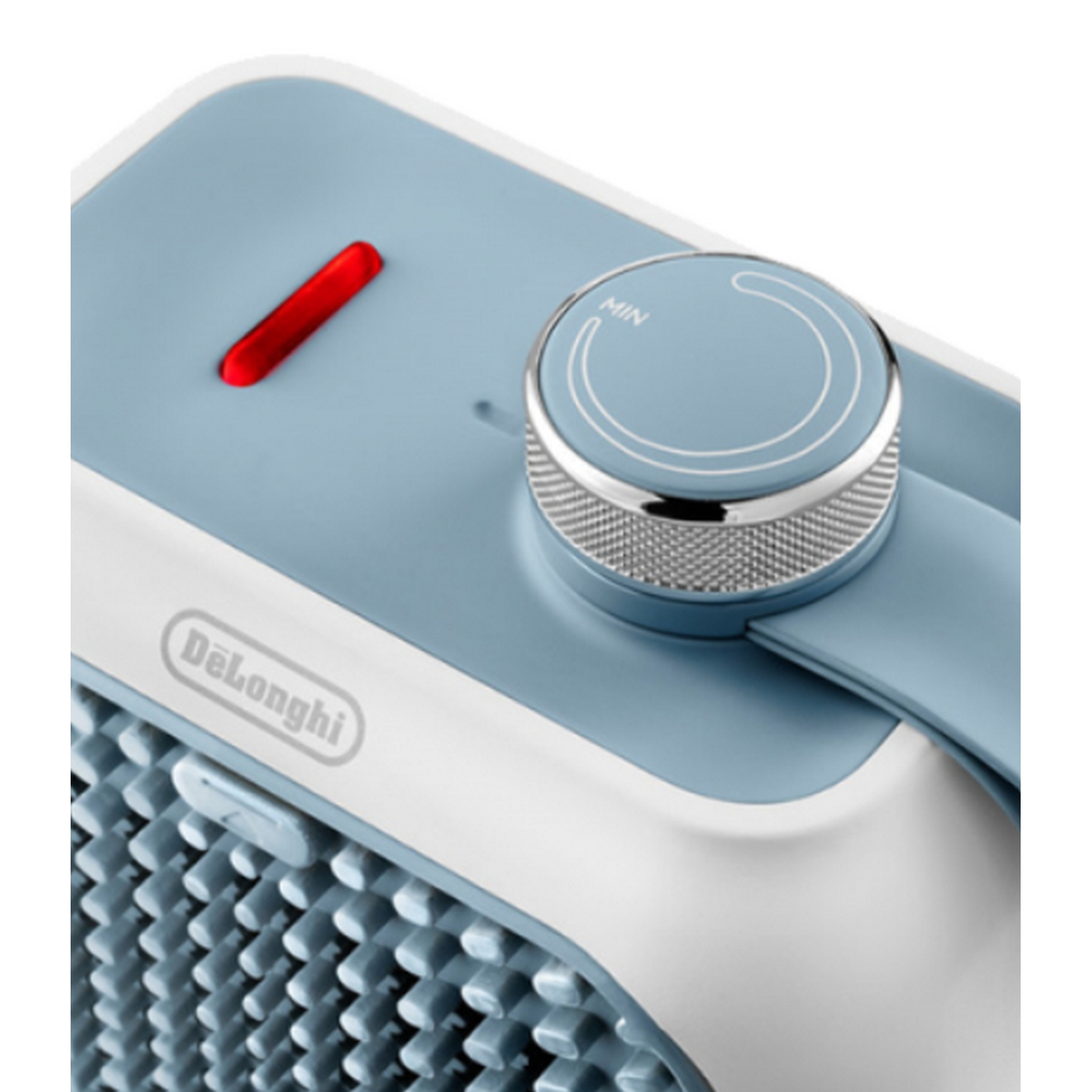 Niebiesko-biały grzejnik z czerwoną lampką kontrolną i pokrętłem.