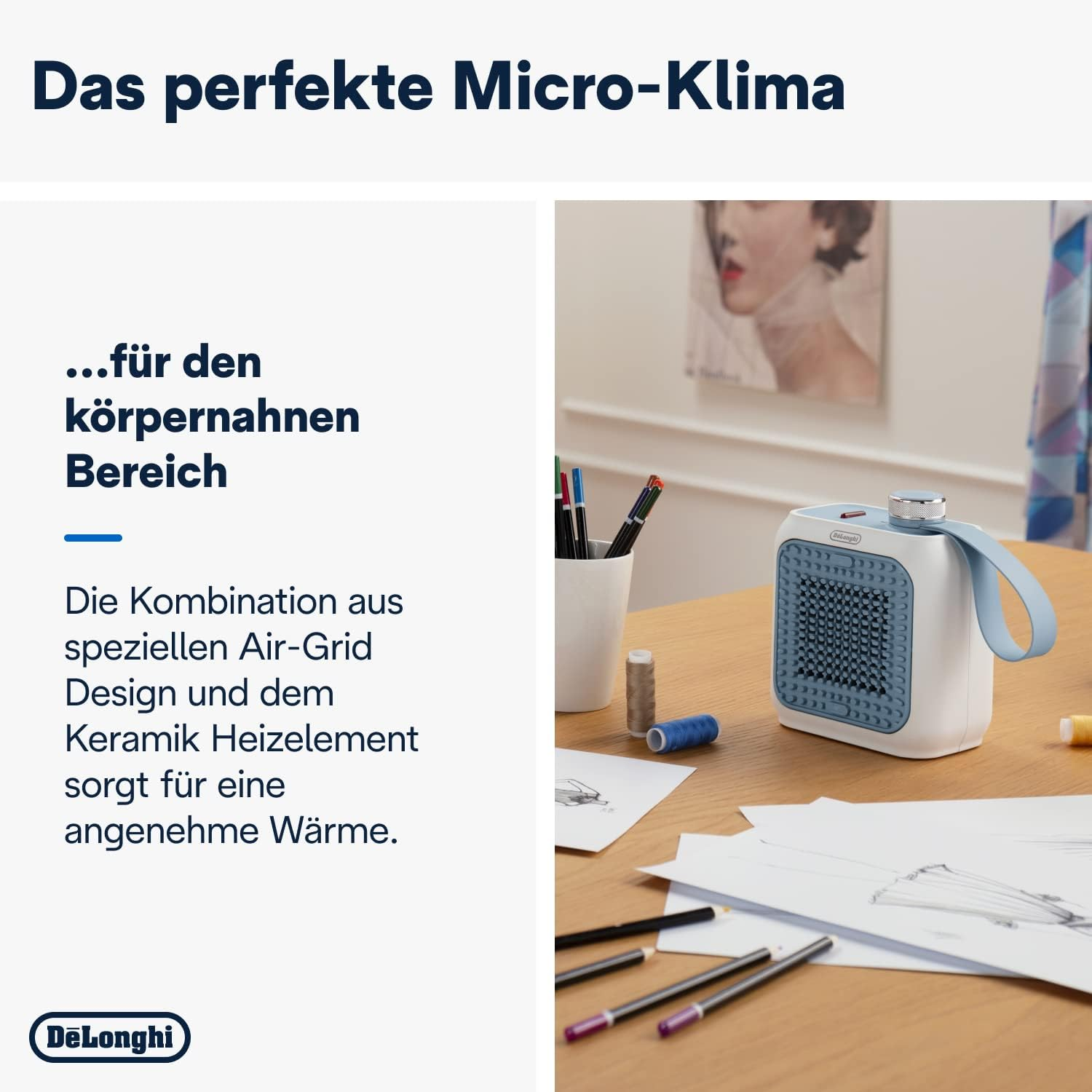 Biały i niebieski mini grzejnik DeLonghi na drewnianym stole.