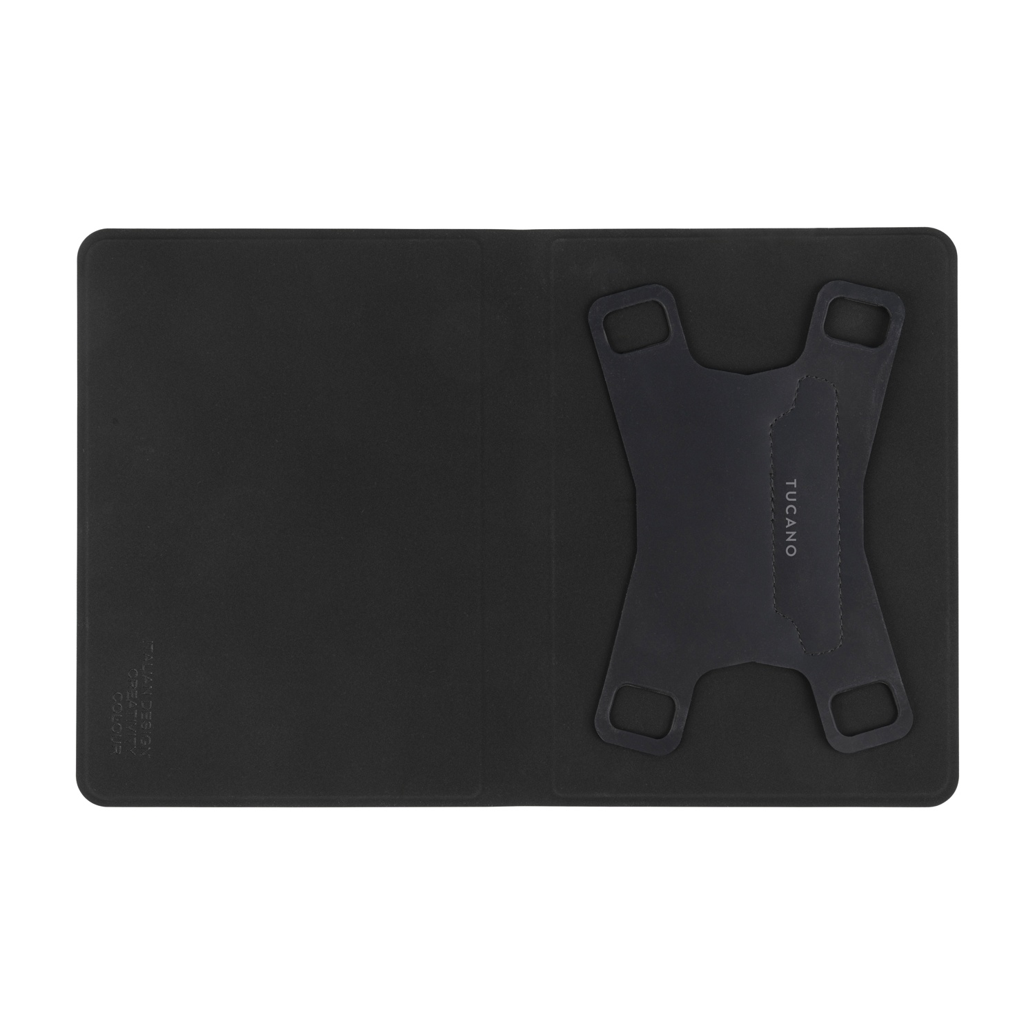 Funda negra para tableta con sistema de sujeción elástico y logo Tucano.