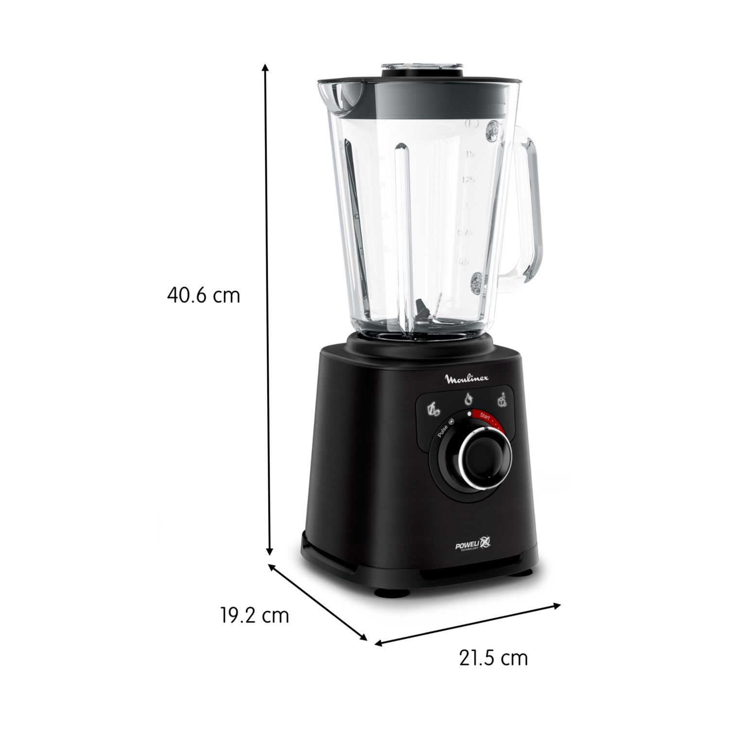 Frullatore nero con caraffa in vetro e controlli. Dimensioni: 40,6x19,2x21,5 cm.