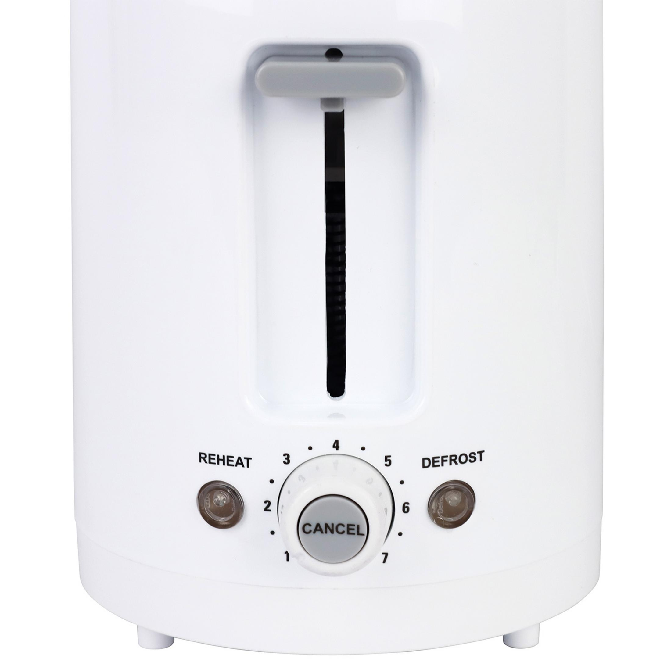 Biały toster z szarą dźwignią i pokrętłem sterującym.