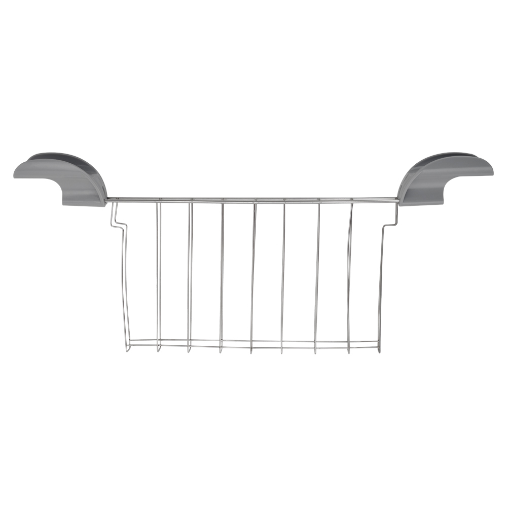 Srebrny koszyk druciany z szarymi uchwytami, na białym tle.