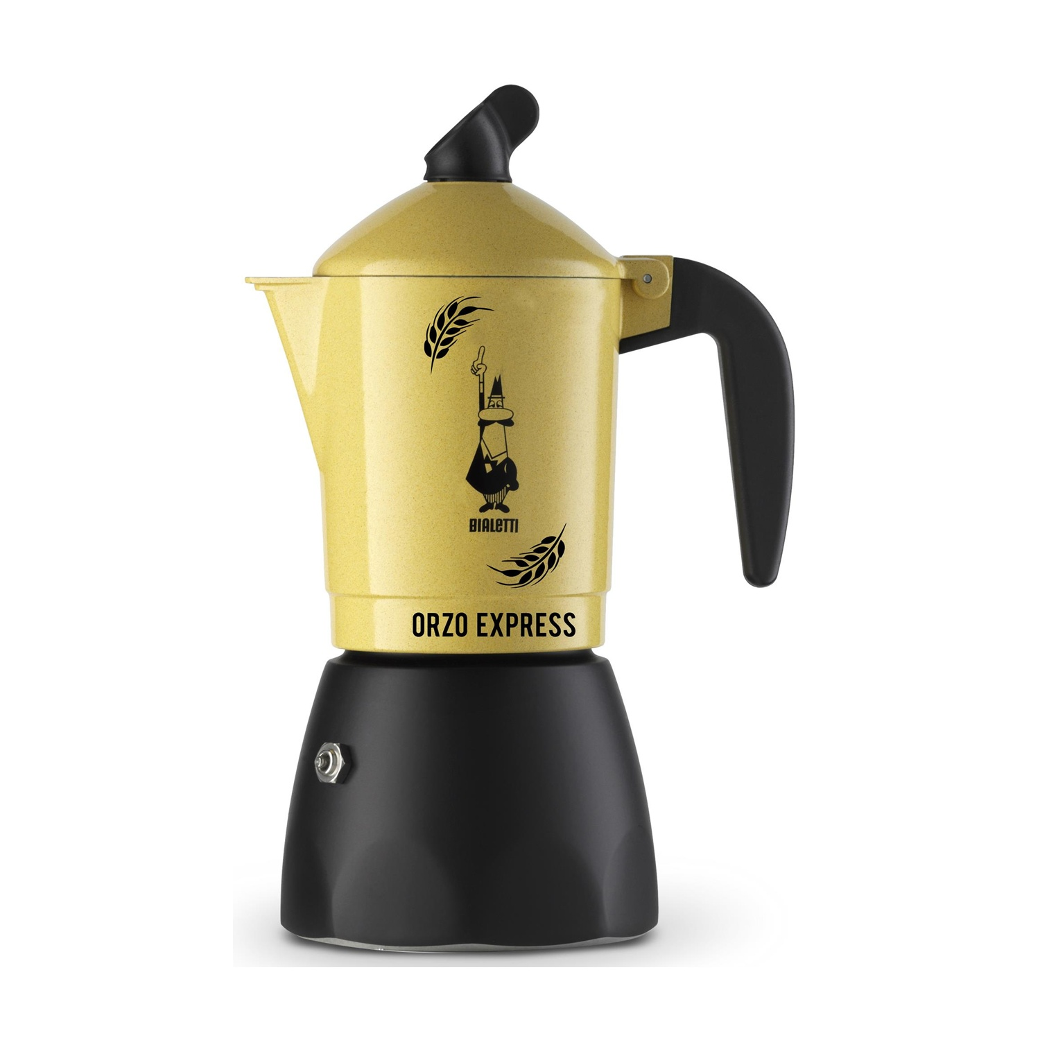 Żółty ekspres Bialetti z czarną rączką i podstawą.