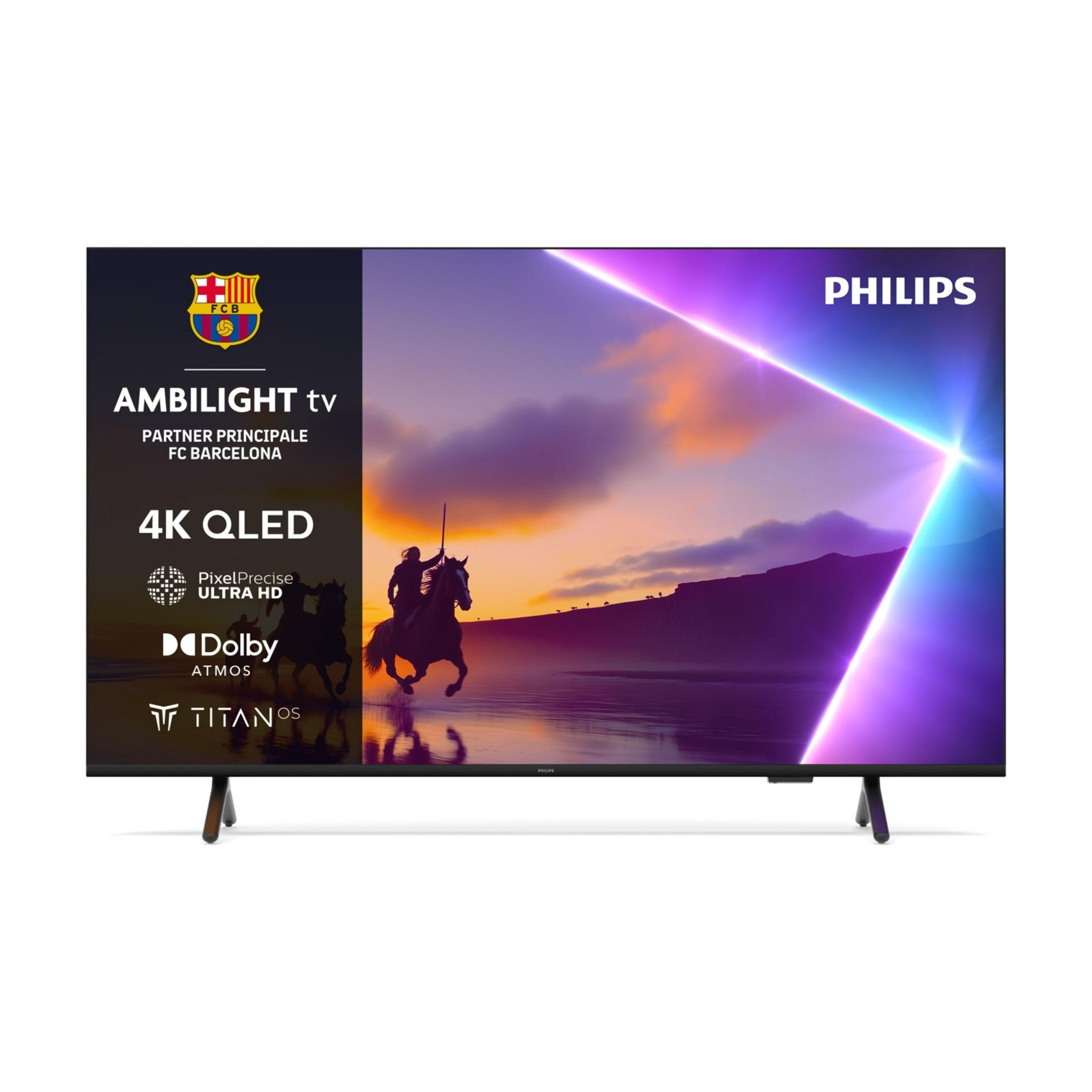 Telewizor Philips 4K QLED z Ambilight, logo FC Barcelona i rycerz na koniu.