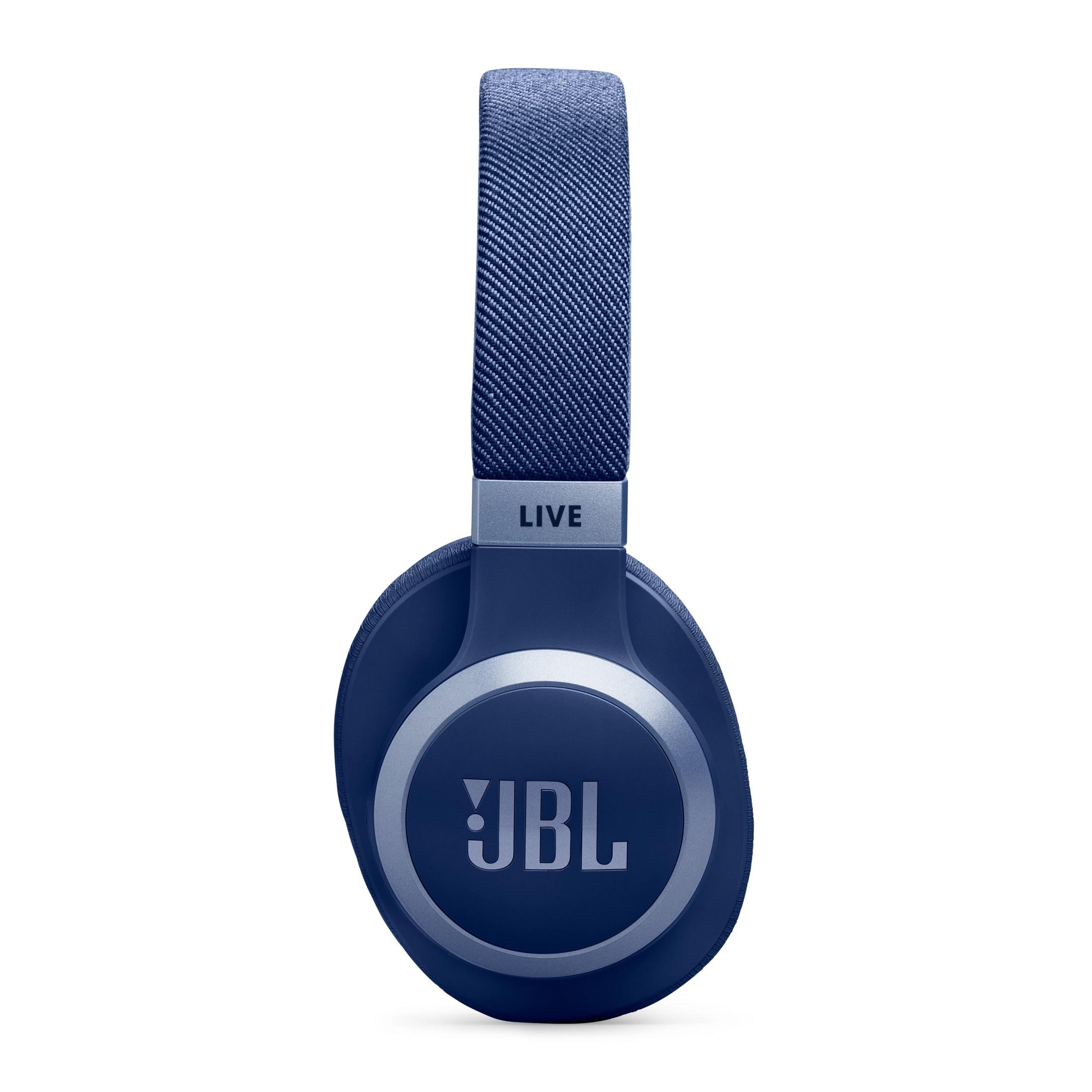Cuffie JBL blu scuro con archetto in tessuto e anello argento.