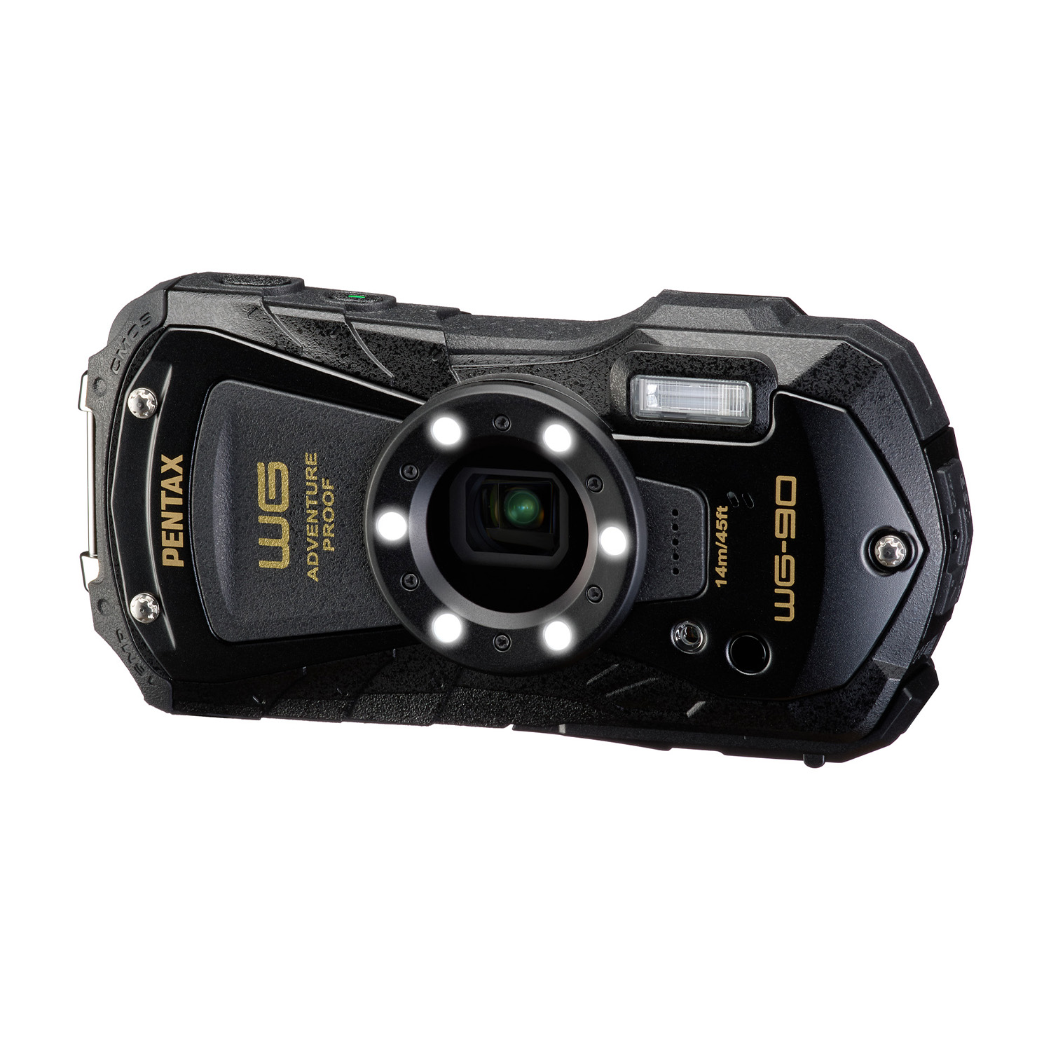 Schwarze Pentax WG-90 Digitalkamera mit LED-Ringlicht und Blitz.