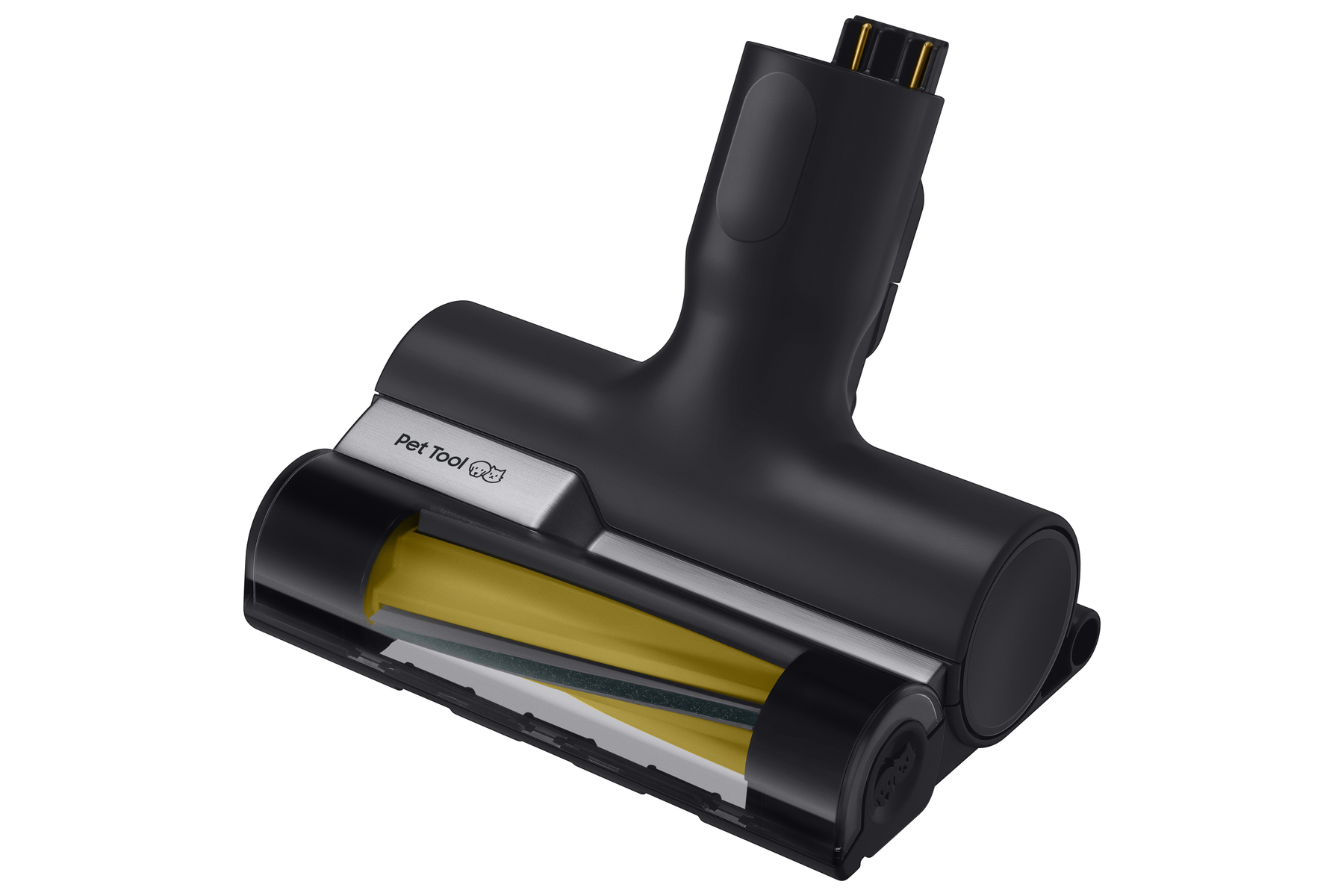 Czarny dodatek Pet Tool z żółtą szczotką, białe tło.