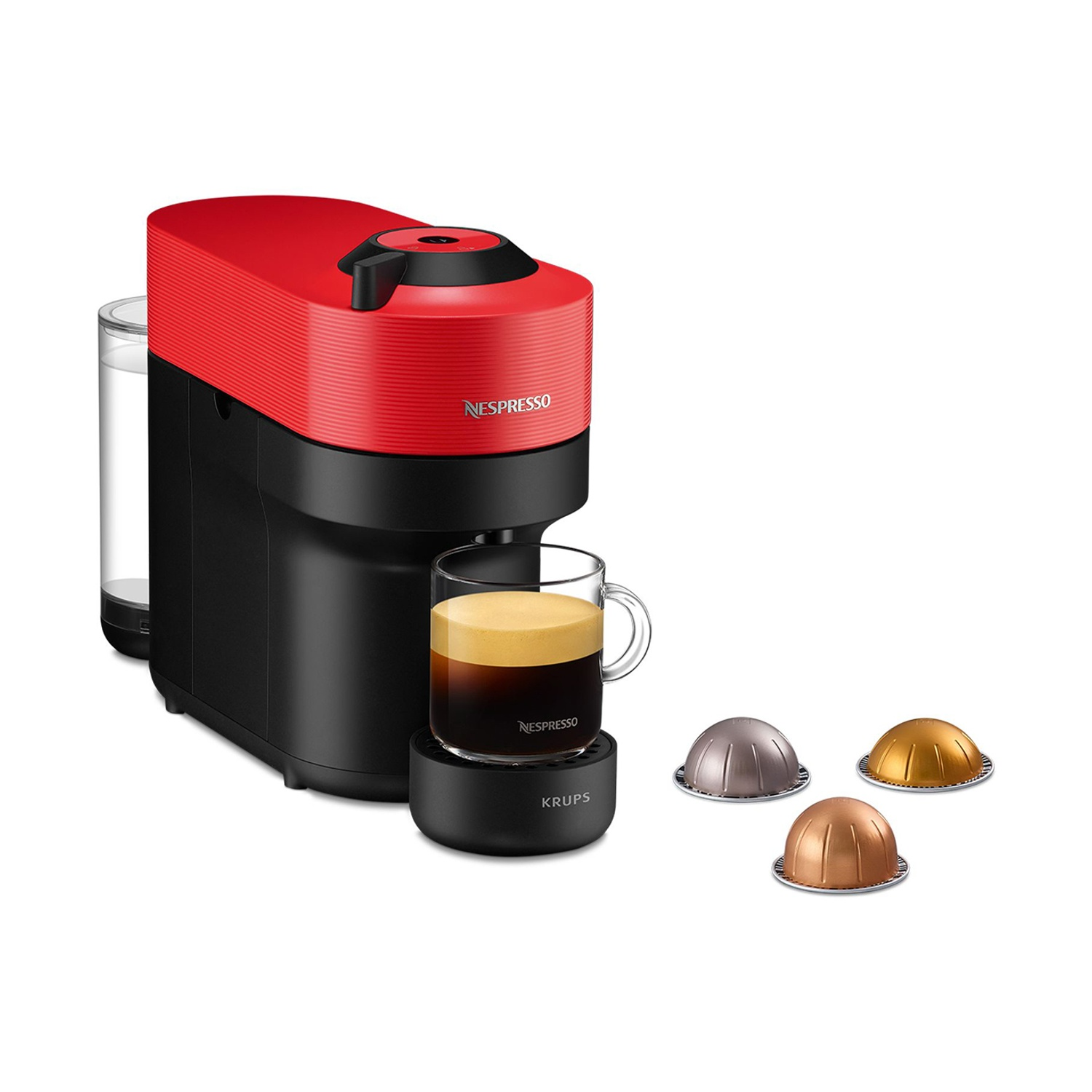 Eine rote Nespresso-Kaffeemaschine mit einer Tasse Kaffee und drei Kapseln.