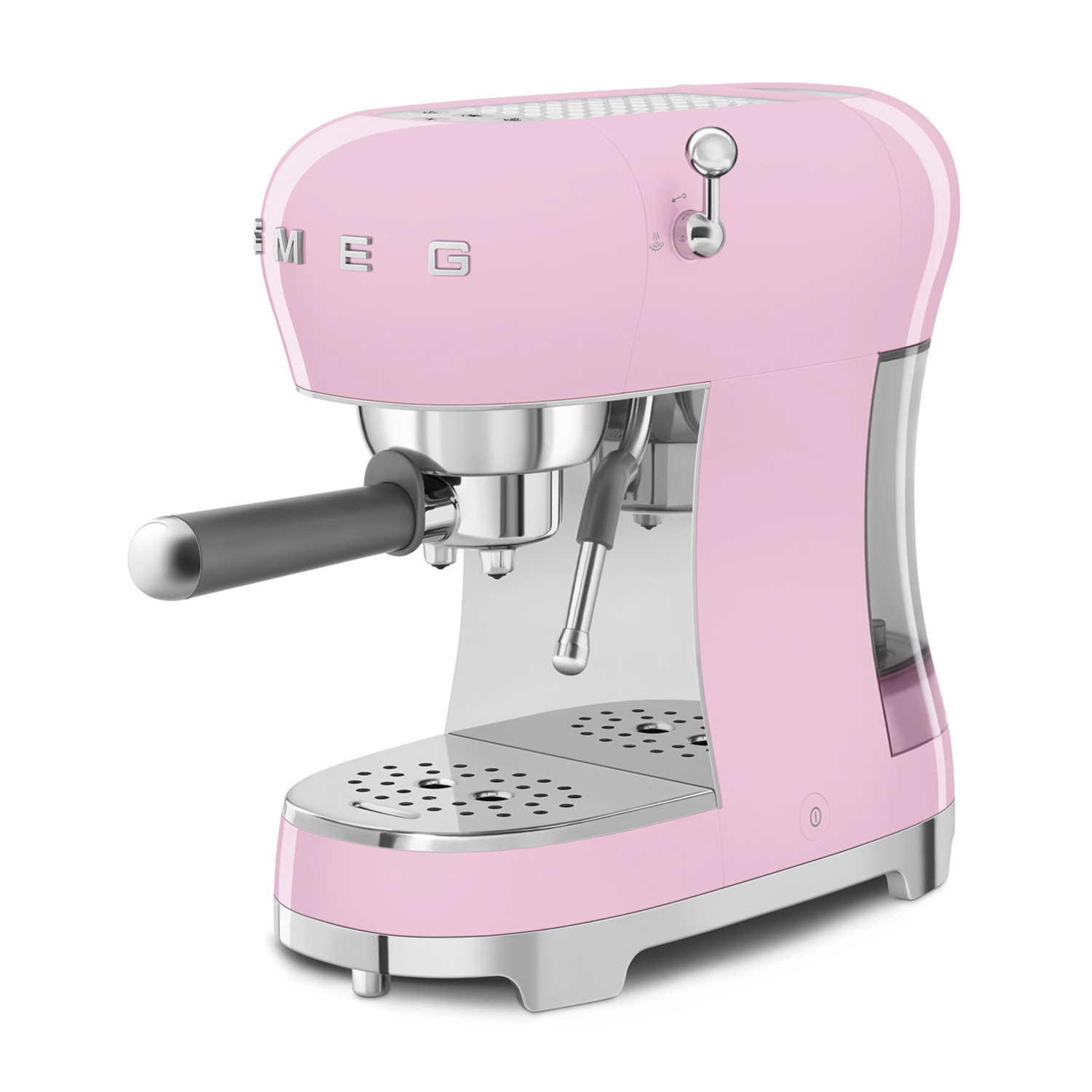 Eine rosa Smeg Espressomaschine mit silbernen Akzenten, die auf weißem Hintergrund steht.