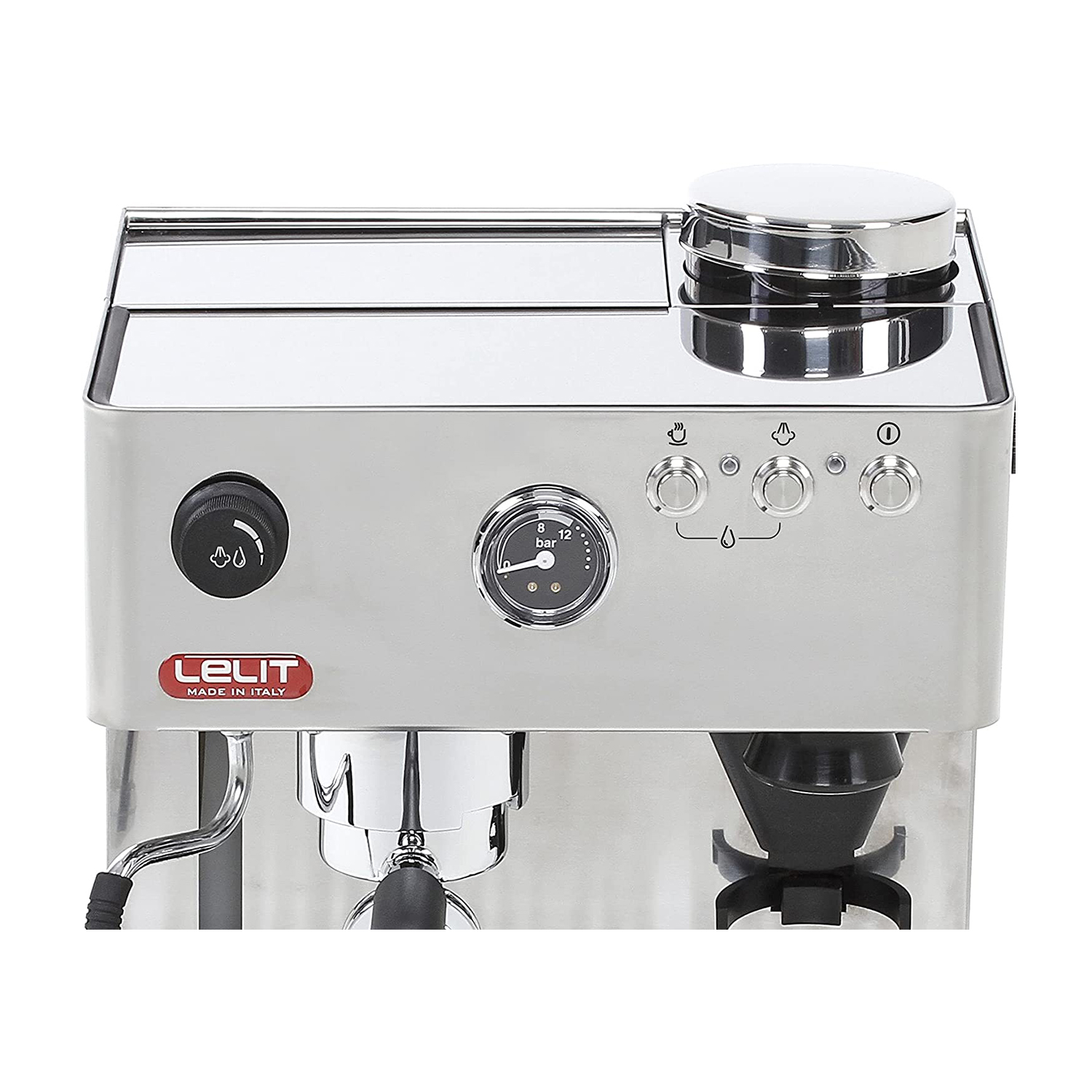 Macchina espresso in acciaio inox con manopola, manometro e scaldatazze.