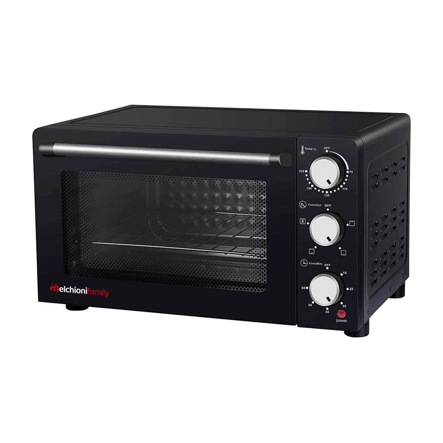 Czarny piekarnik stołowy z srebrną rączką i pokrętłami.