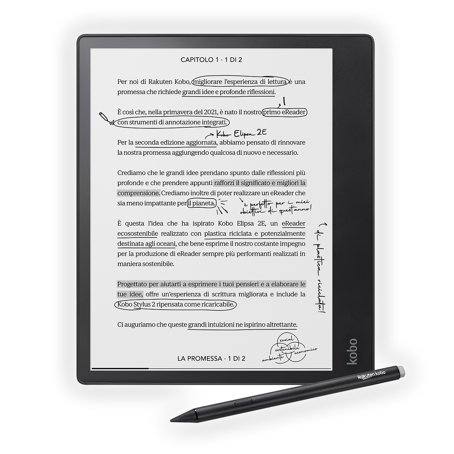Un e-reader con stilo mostra testo sulla lettura e lo sviluppo di idee.