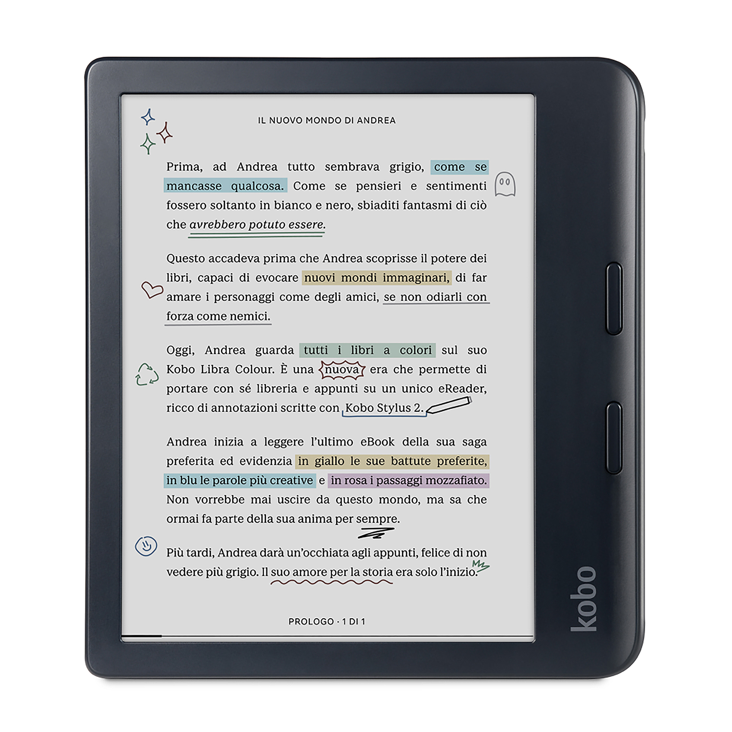 Un e-reader mostra testo con evidenziazioni colorate. "Kobo" è sul lato.