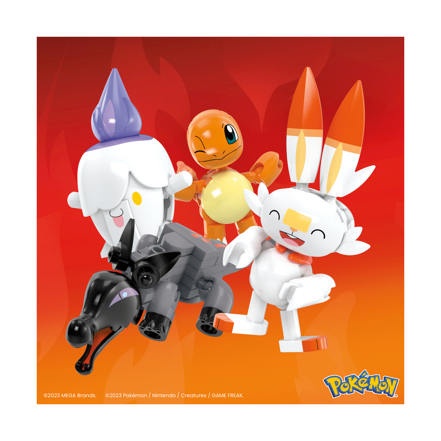 Quattro figure Pokémon: Litwick, Charmander, Scorbunny e Zarude. Sfondo rosso.