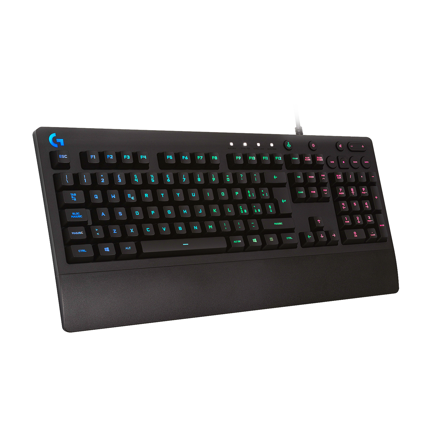 Schwarze Tastatur mit blauer G-Logos und grünen Tastenbeschriftungen.